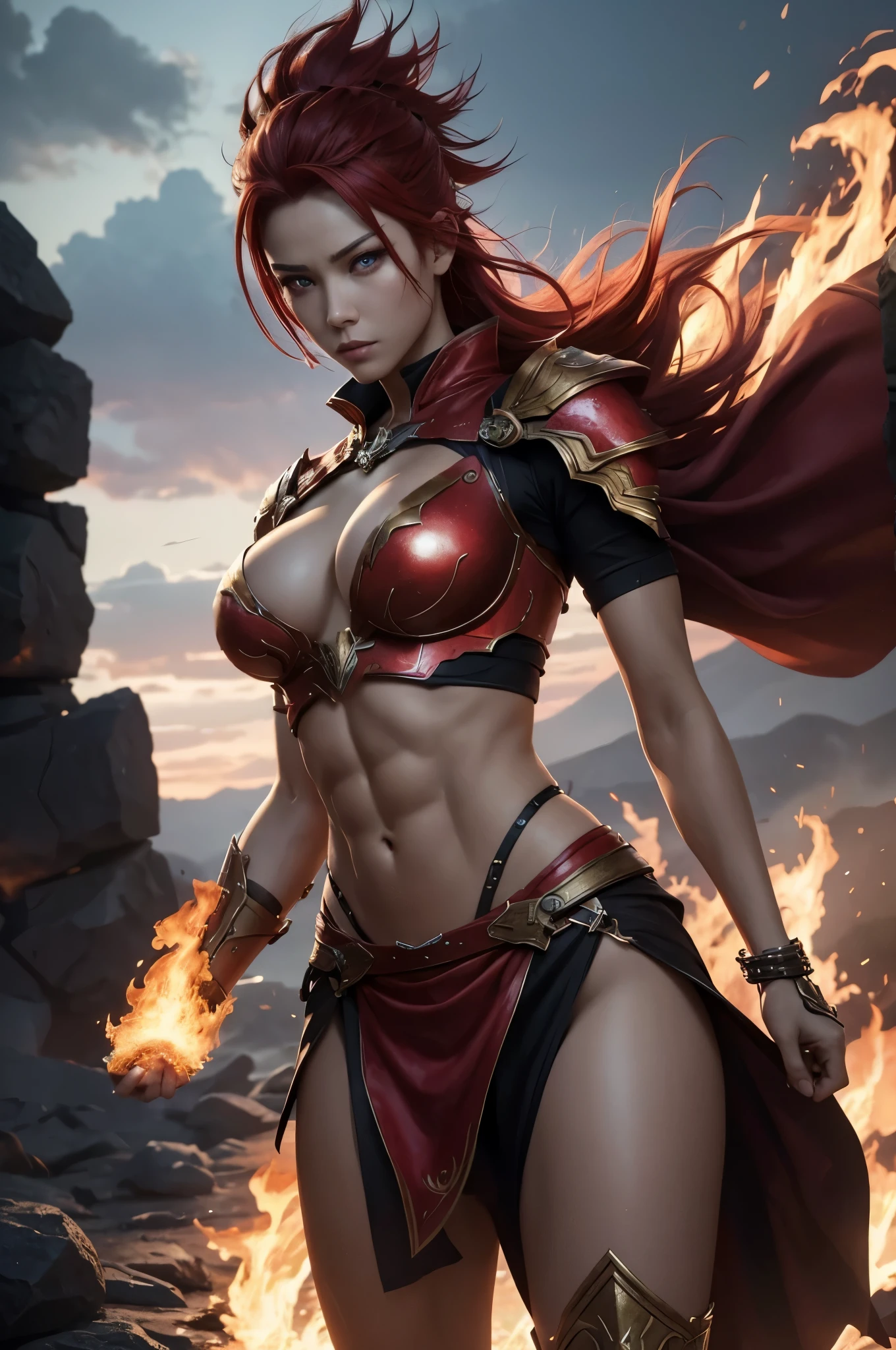 8k、alone,16歳のgoddess of fire,Super beautiful(like the real thing),red eyes,Super beautiful,beautiful red mohawk hair,Flashy flame god makeup,sexyな赤い炎の胸鎧,sexy,Remains,amazing work of art、wind effect:1.9、cloud effect:1.2,full rendering、unreal engine,ultra high resolution,super realistic skin,Super precise hand details,fantasy art,Photorealistic RAW photos of the highest quality。Backlight, cinematic lighting, film grain, to be born, 50mm lens, Nikon D850,realistic skin,fantasy art,character art,ultra high resolution,Macho with a muscular slender body,Precise facial details,grim expression,Improve the quality of facial expressions,accurate human body structure,perfect hands,Flame Hair Ornament,red flame shoulder armor,red flame gauntlet,red flame leg armor,Violent and strongly cracked abdominal muscles,goddess of fire,perspective from above,Close-up,battle scene,fighting pose,dynamic pose,explosive flame,