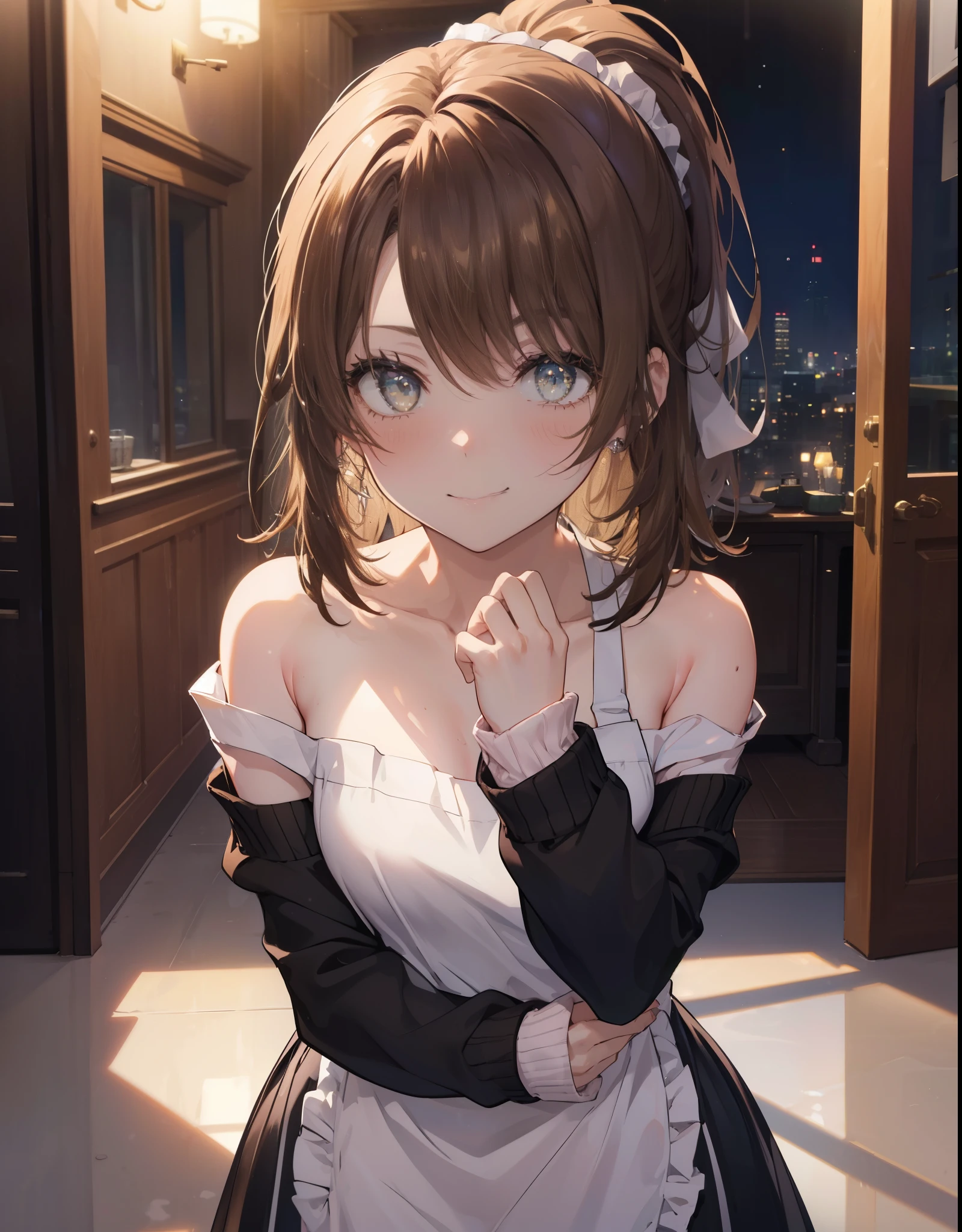 irohaisshiki, Isshiki Iroha, １people々woman,long hair, brown hair, ponytail,(brown eyes:1.5), smile,blush,night,moonlight off shoulder sweater,bare shoulders,bare clavicle,naked neck,long skirt,indoor slippers,apron,entrance,put your hands behind your back,
break indoors ,indoor　entrance,
break looking at viewer, (cowboy shot:1. 5)
break (masterpiece:1.2), highest quality, High resolution, unity 8k wallpaper, (shape:0.8), (beautiful and detailed eyes:1.6), highly detailed face, perfect lighting, Very detailed CG, (perfect hands, perfect anatomy),