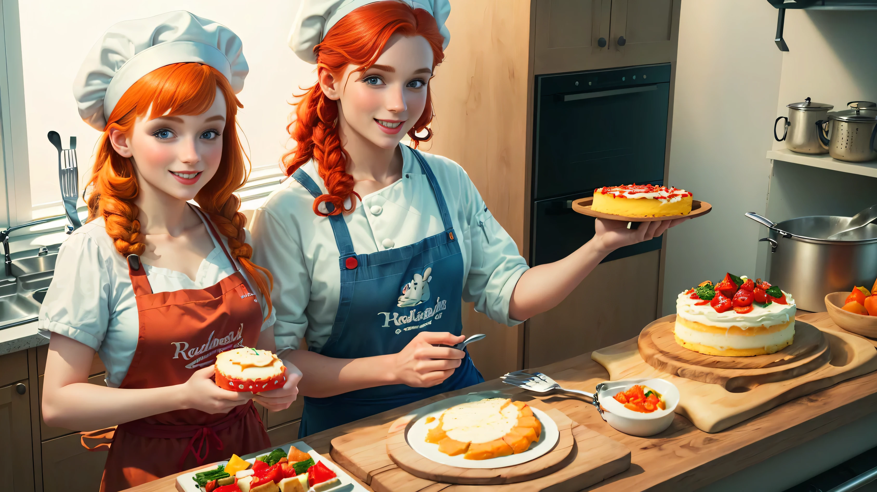 Banner for YouTube channel about cooking: A young red-haired culinary girl, on her shoulder a rat from the cartoon Ratatouille, in a chef's hat, with a cake, with a playful and cheerful look, 3D colorful characters