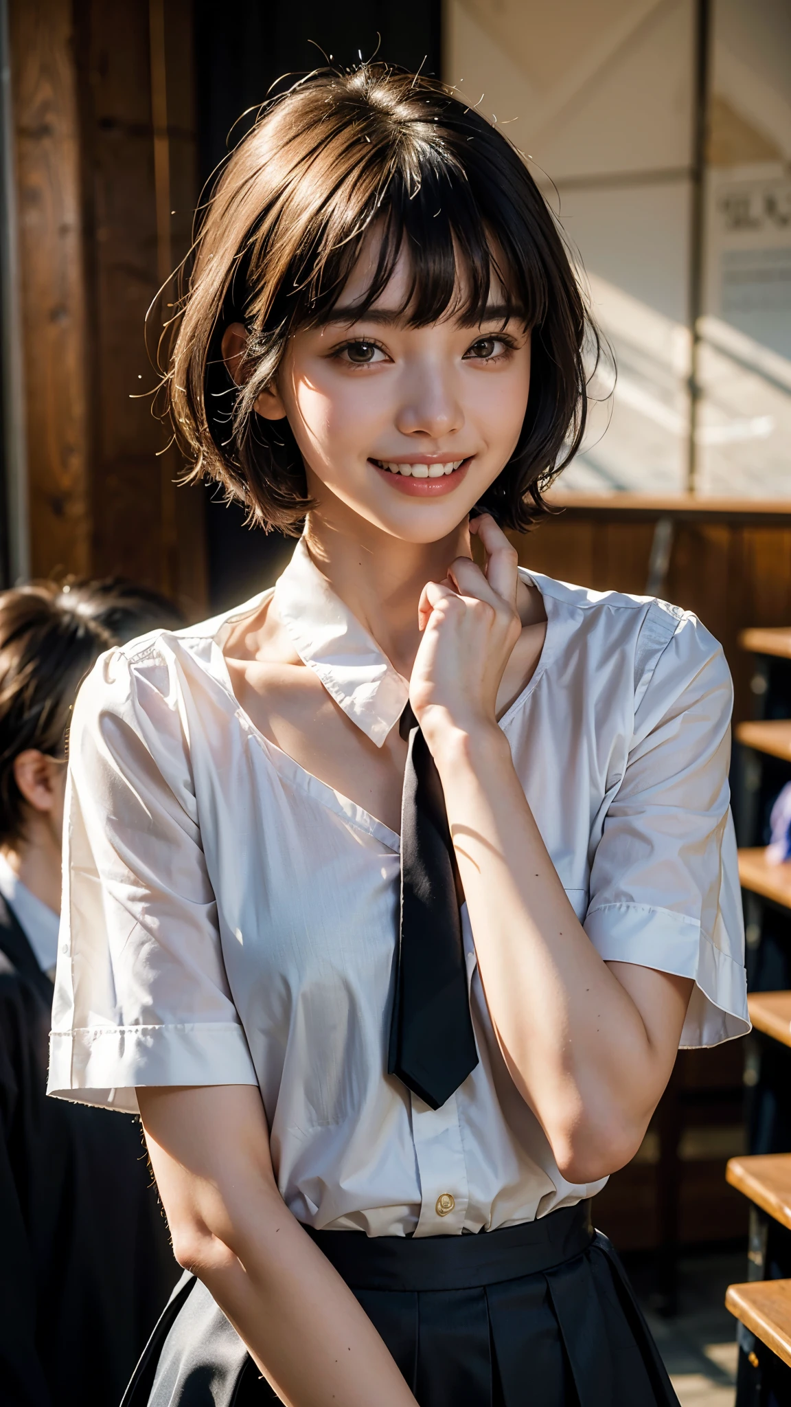 highest quality, masterpiece, ultra high resolution, (realistic:1.4), (portrait facing each other) RAW photo, 1 girl, ((Medium chest)),20-year-old,high school uniform,holding a diploma in hand,Commemorative photo with friends,((black short hair,Bangs cut)),((look up at the audience)),realistic,((graduation ceremony)),((toothy smile)),