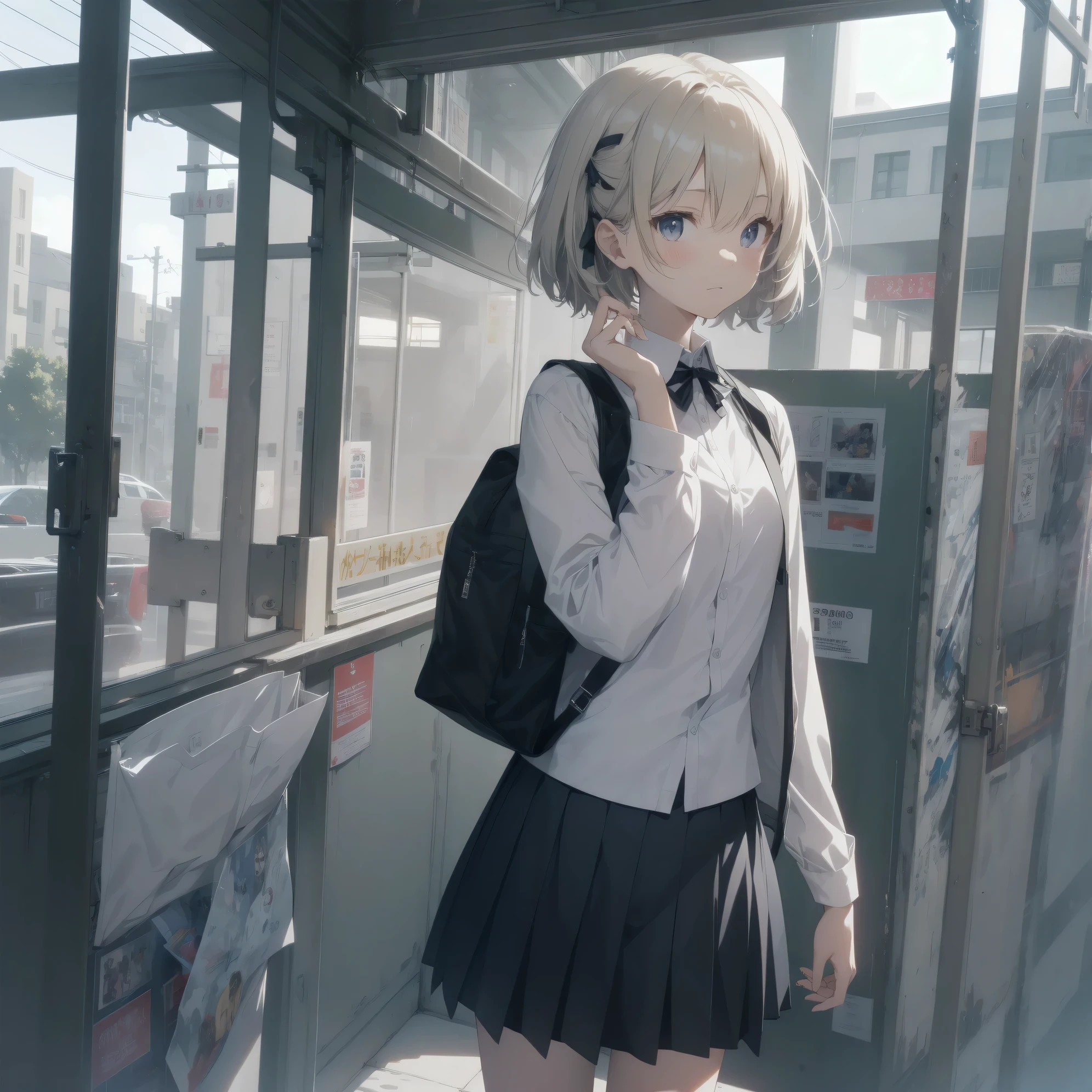 Super absurd quality by the god of art, super detailed, High resolution, anime moe art style, Best Anime 8K Kona-chan Wallpaper, pixiv contest winner, perfect anatomy, break,(眠そうにalone学校へ行く女の子を描いてください. )break,1 girl, (alone, woman, baby fears old:1., full finger,, The charm of an immature body, (very_short hair), shortcut, bangs, flat chest, Small Bodysuits, small ass, between legs, small black eyes, detailed and beautiful eyes, Well-proportioned iris and pupils, expressive eyes, sleepy eyes, High resolutionの詳細な髪, hair grip, neck ribbon, skirt, collared shirt, pleated skirt, school uniform, school bag,(detailed lighting), (detailed background), On the way to school. break,super dense skin, Best movie lighting by famous artists, 8k,cute illustration,photoshop_(Moderate),Absurd Hi-Res,Hmm,rough skin
