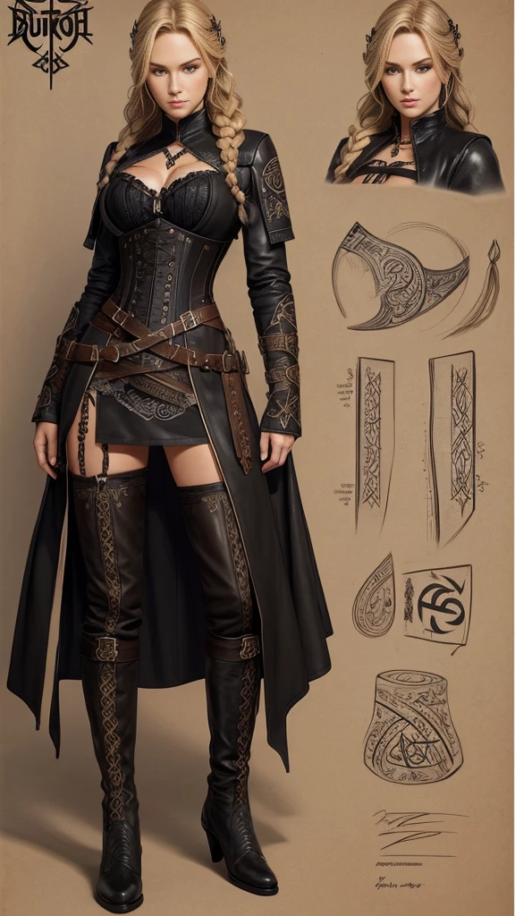 model sheet, color pieces, sketchbook, hand drawn, dark, bold, realistic sketch, rough sketch, mix of bold dark lines and loose lines, bold lines, on paper, revised character sheet, female, full body, symbols mysterious, runes, dark theme, flowing braided blonde hair, beautiful, pretty, padded leather corset embroidered with runes, modest leather boots embroidered with runes