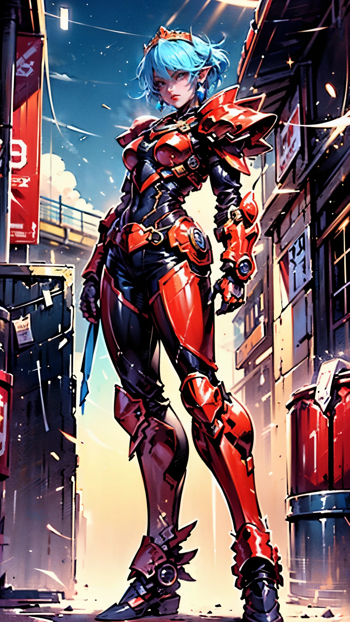 A woman adorned in fantasy-style full-body armor, a crown-concept fully enclosed helmet that unveils only her eyes, a composite layered chest plate, fully encompassing shoulder and hand guards, a lightweight waist armor, form-fitting shin guards, the overall design is heavy-duty yet flexible, ((the armor gleams with a golden glow, complemented by red and blue accents)), exhibiting a noble aura, she floats above a fantasy-surreal high-tech city, this character embodies a finely crafted fantasy-surreal style armored hero in anime style, exquisite and mature manga art style, (Queen bee mixed with Spider concept Armor, plasma, blood), ((Element, energy, elegant, goddess, femminine:1.5)), metallic, high definition, best quality, highres, ultra-detailed, ultra-fine painting, extremely delicate, professional, anatomically correct, symmetrical face, extremely detailed eyes and face, high quality eyes, creativity, RAW photo, UHD, 32k, Natural light, cinematic lighting, masterpiece-anatomy-perfect, masterpiece:1.5