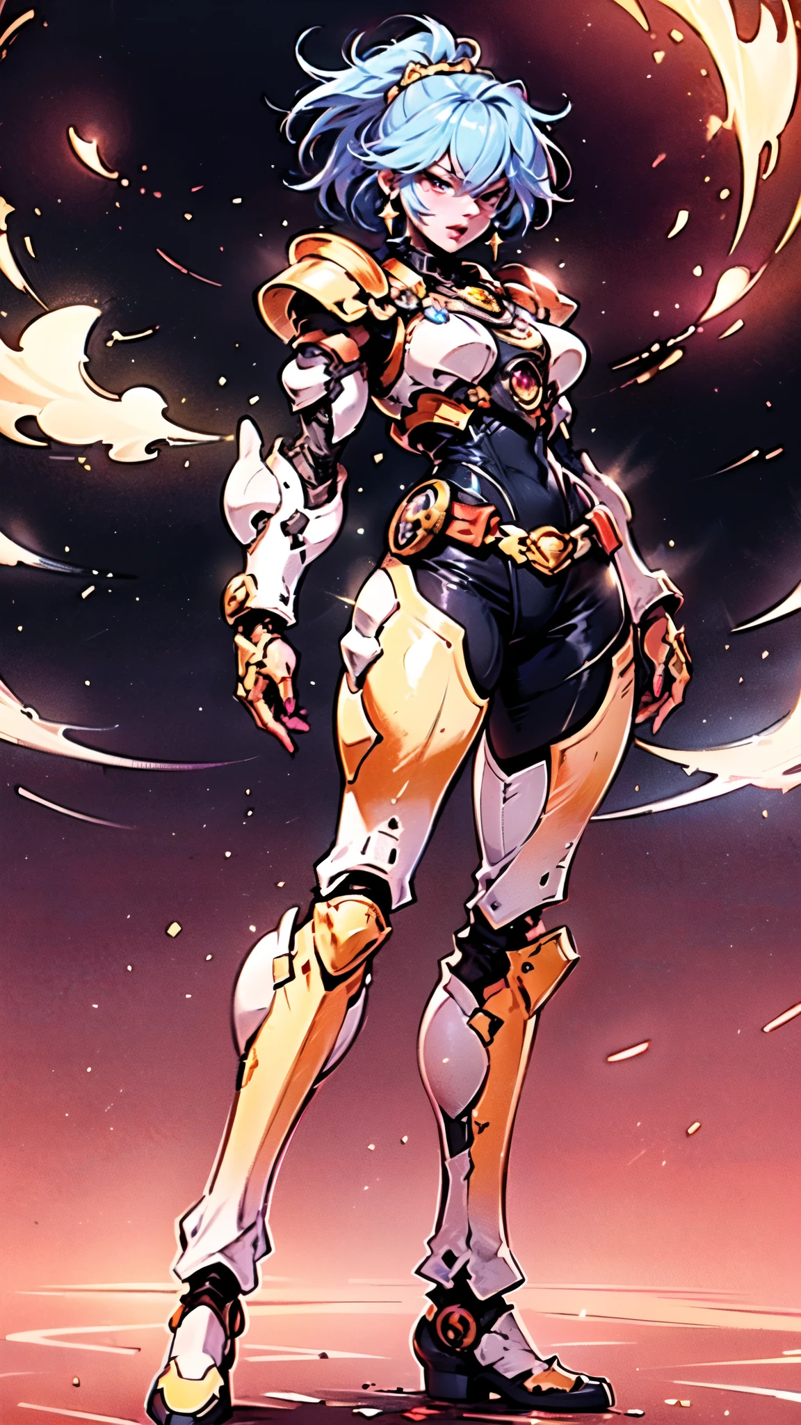 A woman adorned in fantasy-style full-body armor, a crown-concept fully enclosed helmet that unveils only her eyes, a composite layered chest plate, fully encompassing shoulder and hand guards, a lightweight waist armor, form-fitting shin guards, the overall design is heavy-duty yet flexible, ((the armor gleams with a golden glow, complemented by red and blue accents)), exhibiting a noble aura, she floats above a fantasy-surreal high-tech city, this character embodies a finely crafted fantasy-surreal style armored hero in anime style, exquisite and mature manga art style, (Queen bee mixed with Spider concept Armor, plasma, blood), ((Element, energy, elegant, goddess, femminine:1.5)), metallic, high definition, best quality, highres, ultra-detailed, ultra-fine painting, extremely delicate, professional, anatomically correct, symmetrical face, extremely detailed eyes and face, high quality eyes, creativity, RAW photo, UHD, 32k, Natural light, cinematic lighting, masterpiece-anatomy-perfect, masterpiece:1.5