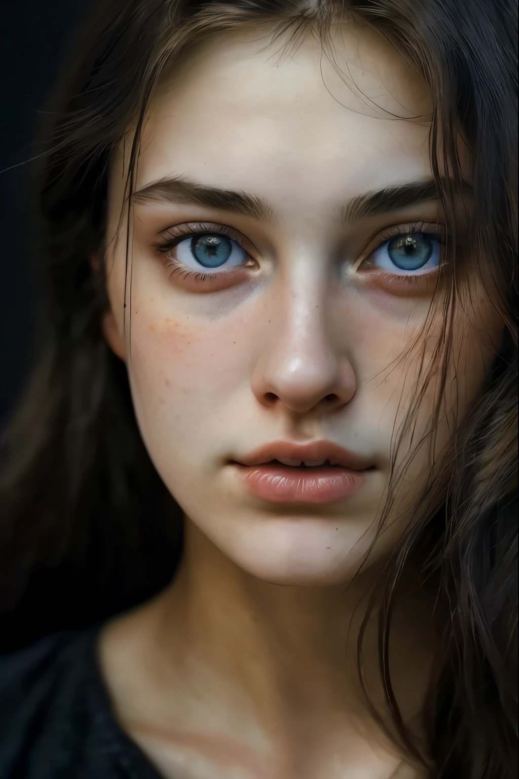 (close-up, editorial photograph of a 19 year old woman), (highly detailed face:1.4) (smile:0.7) (blush:0.4) (dark blue eyes with hints of orange:0.2) (background inside dark, moody, private study:1.3) POV, nikon d850, film stock photograph, camera f1.6 lens, rich colors, hyper realistic, lifelike texture, dramatic lighting, cinestill 800