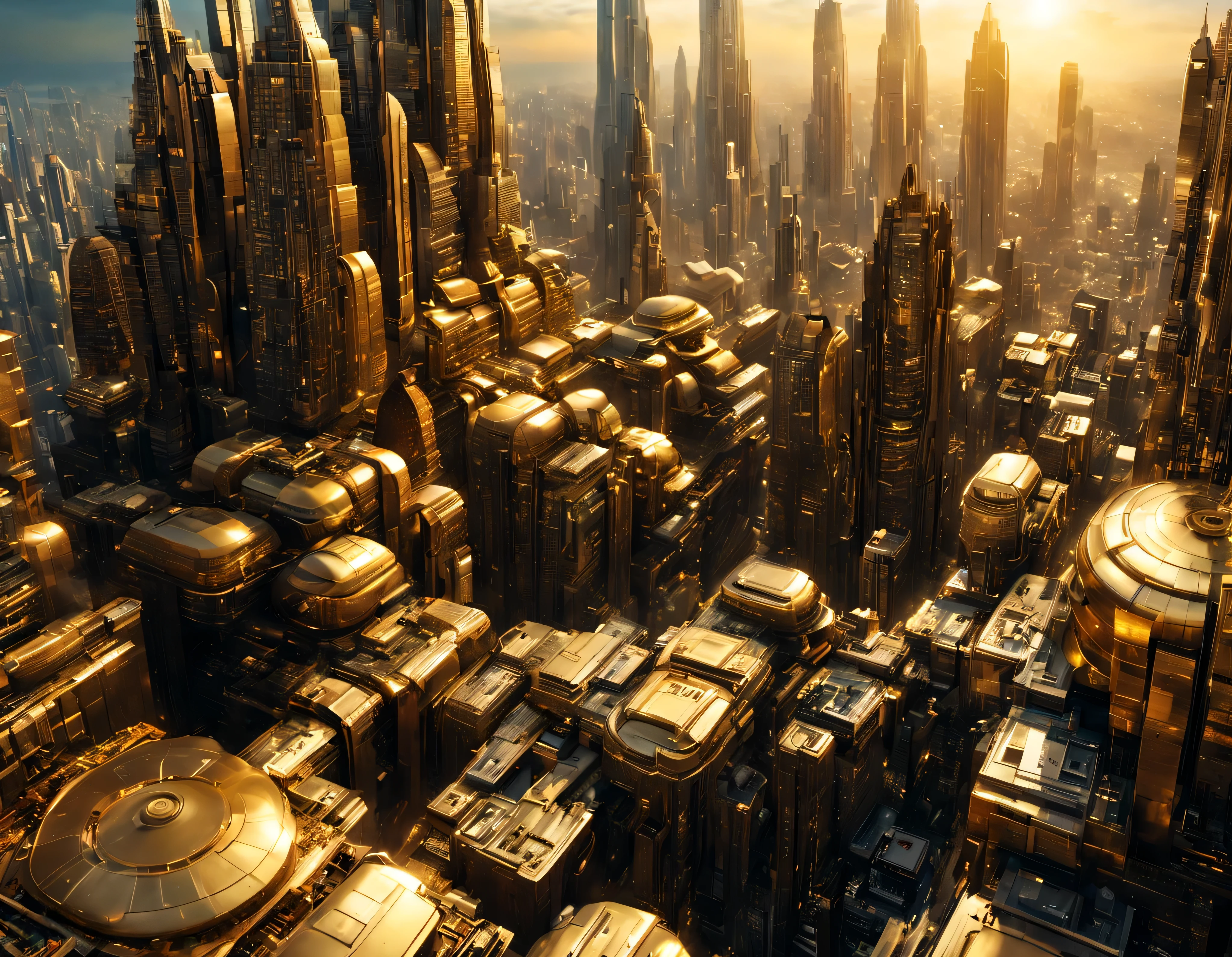 (golden hour lighting), megacity, megalopolis of an imaginary world of science fiction and maximum fantasy, con inmensos edificios ovalados y dodecaedricos agrupados de metal y cristal donde predomina el oro. imagen bien definida 8k, (intrincados detalles de la maquina), con muchos edificios juntos.(obra maestra de superior calidad).(imagen fotorrealista), nitidez absoluta hasta el fondo