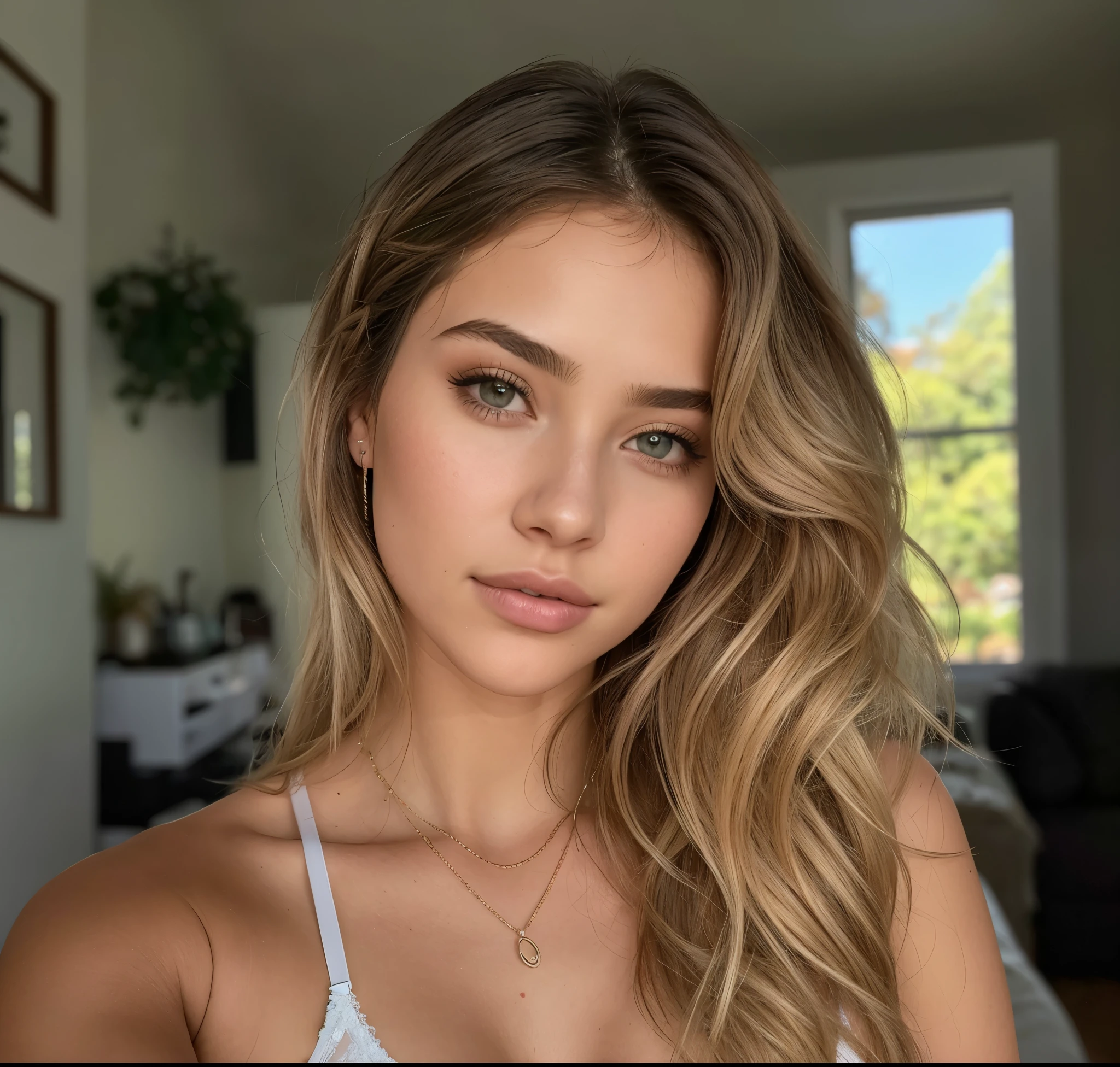 mulher arafed com cabelo longo ondulado e desarrumado, messy hair and a white bra top, sem maquiagem cabelos ondulados, modelo do instagram, Retrato de Sophie Mudd, Alana Fletcher, lindo rosto atraente, sem maquiagem, garota sexy com olhos verdes, ellie victoria gale, cabelo ondulado na altura dos ombros, rosto extremamente lindo, morena com cabelos tingidos de loiro, taken at the beginning of 2020, linda mulher