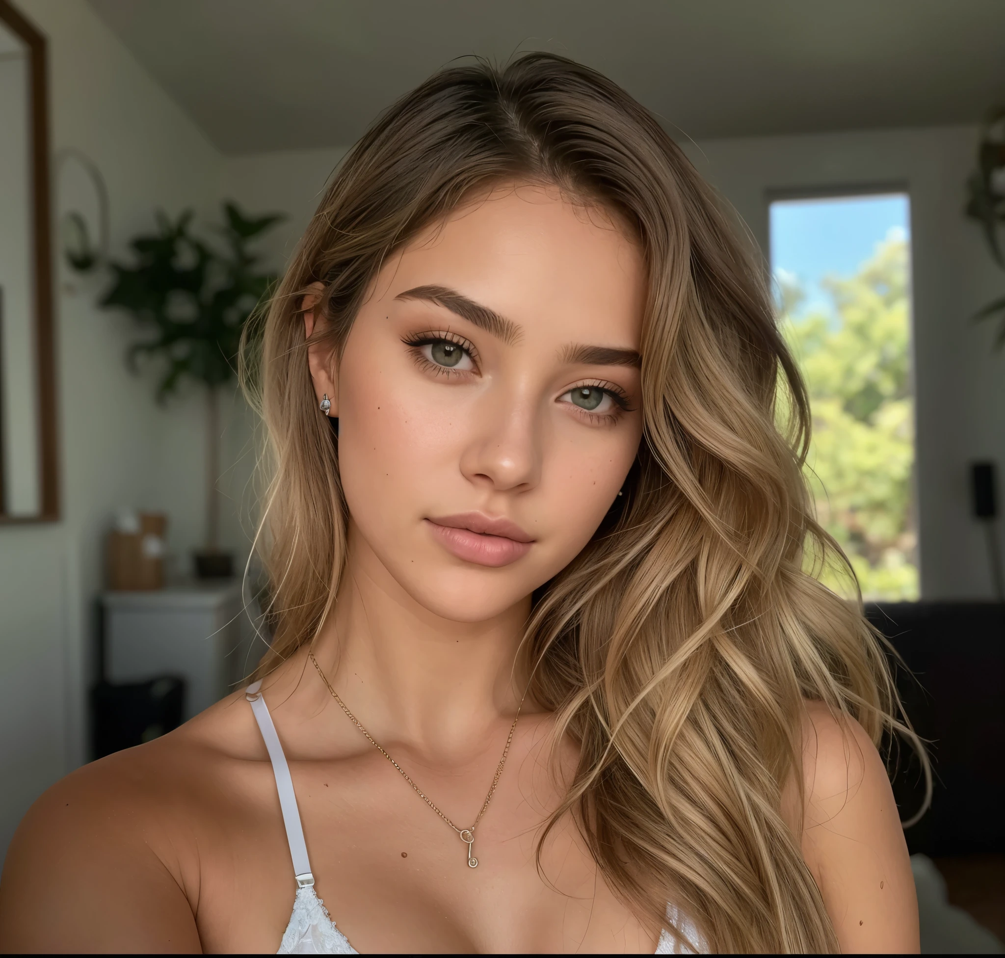 mulher arafed com cabelo longo ondulado e desarrumado, messy hair and a white bra top, sem maquiagem cabelos ondulados, modelo do instagram, Retrato de Sophie Mudd, Alana Fletcher, lindo rosto atraente, sem maquiagem, garota sexy com olhos verdes, ellie victoria gale, cabelo ondulado na altura dos ombros, rosto extremamente lindo, morena com cabelos tingidos de loiro, taken at the beginning of 2020, linda mulher
