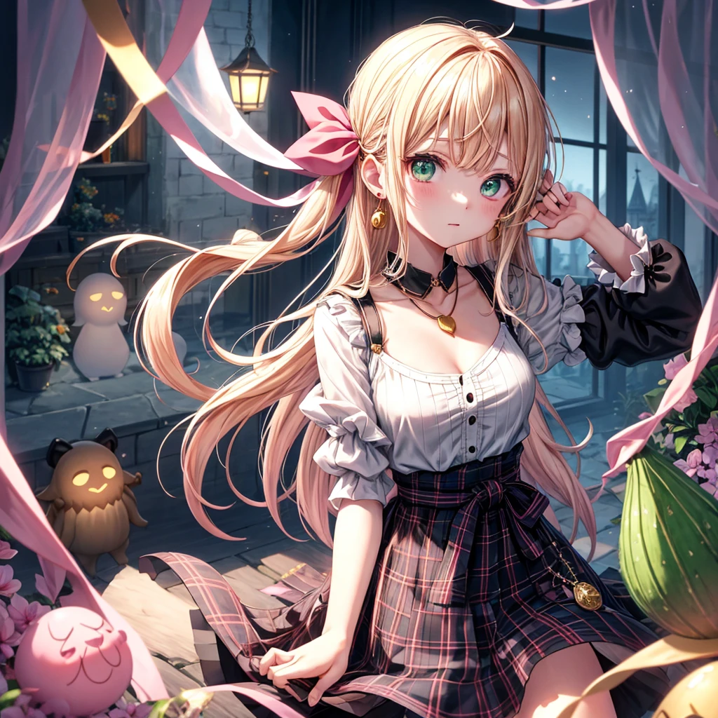 pink blonde、green eyes、one good looking girl、solo、anime、plaid mini skirt、the skirt has buttons、black camisole、black t-shirt、dress、wearing a ribbon、ribbon at waist、cloak、hood、clouds are swirling、stone slabs are piled up、one hand raised、crystal earrings、vegetable garden、monster castle、ceiling、golden key、jewelry necklace、Light and shadow、window、Hundreds of Ghosts at Night