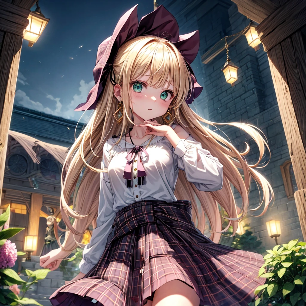 pink blonde、green eyes、one good looking girl、solo、anime、plaid mini skirt、the skirt has buttons、black camisole、black t-shirt、dress、wearing a ribbon、ribbon at waist、cloak、hood、clouds are swirling、stone slabs are piled up、one hand raised、crystal earrings、vegetable garden、monster castle、ceiling、golden key、jewelry necklace、Light and shadow、window、Hundreds of Ghosts at Night