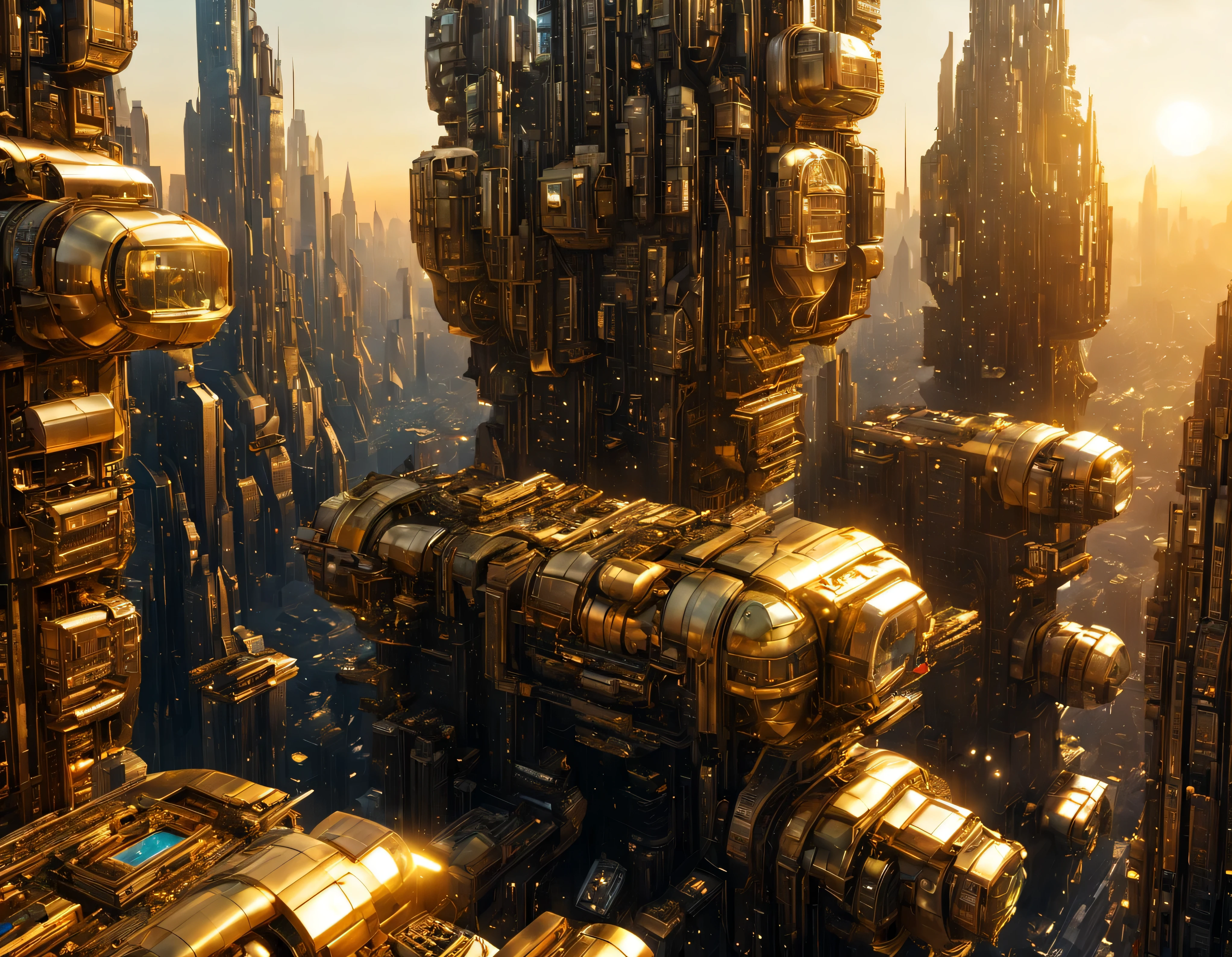 (golden hour lighting), megacity, megalopolis of an imaginary world of science fiction and maximum fantasy, con inmensos edificios ovalados y dodecaedricos agrupados de metal y cristal donde predomina el oro. imagen bien definida 8k, (intrincados detalles de la maquina), con muchos edificios juntos.(obra maestra de superior calidad).(imagen fotorrealista), nitidez absoluta hasta el fondo.