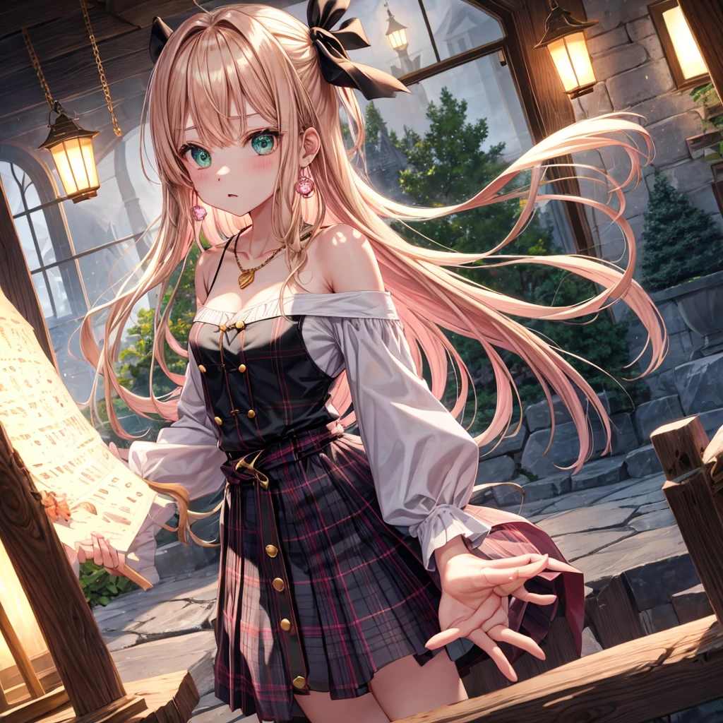 pink blonde、green eyes、one good looking girl、solo、anime、plaid mini skirt、the skirt has buttons、black camisole、black t-shirt、dress、wearing a ribbon、ribbon at waist、cloak、hood、clouds are swirling、stone slabs are piled up、one hand raised、crystal earrings、vegetable garden、monster castle、ceiling、golden key、jewelry necklace、Light and shadow、window、Hundreds of Ghosts at Night