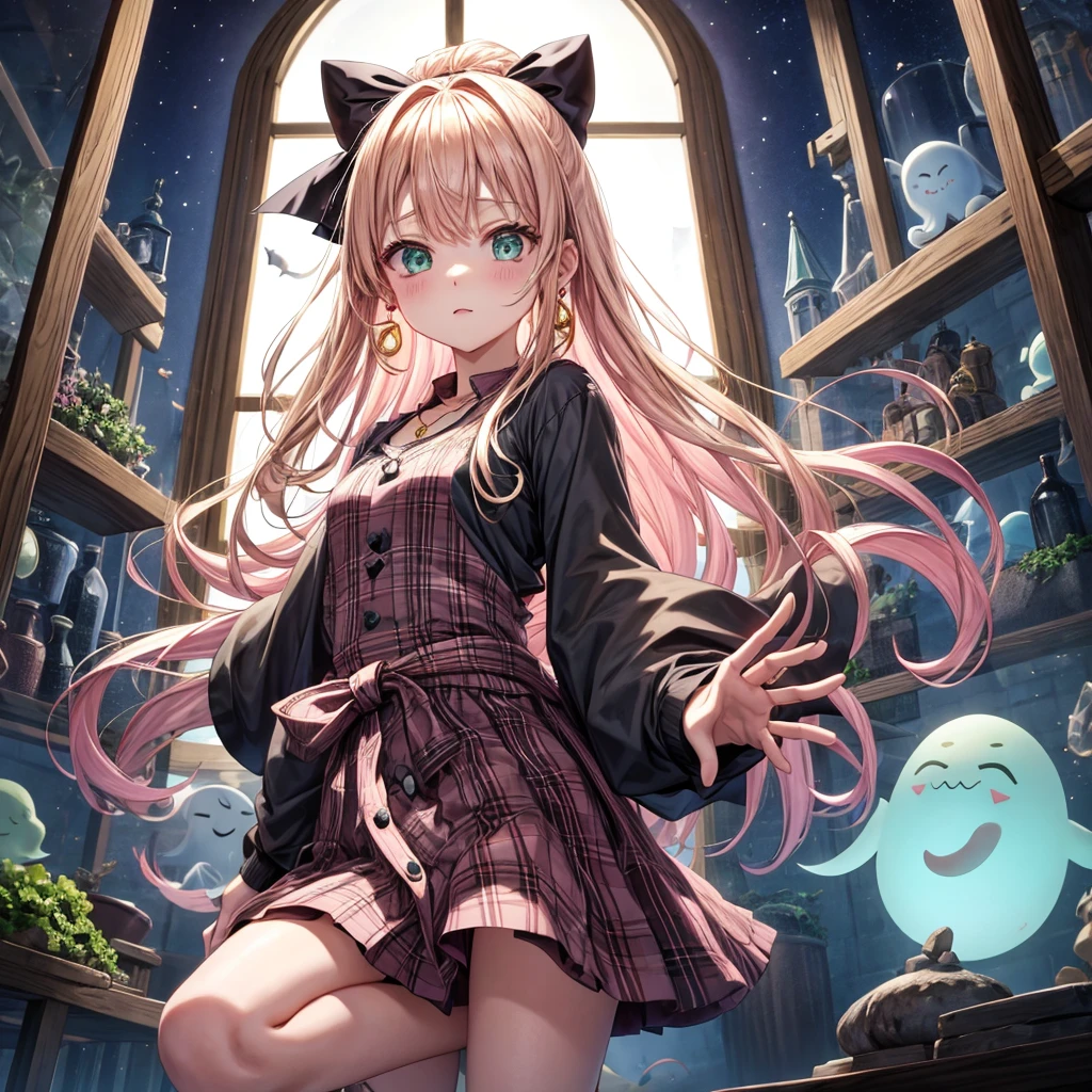 pink blonde、green eyes、one good looking girl、solo、anime、plaid mini skirt、the skirt has buttons、black camisole、black t-shirt、dress、wearing a ribbon、ribbon at waist、cloak、hood、clouds are swirling、stone slabs are piled up、one hand raised、crystal earrings、vegetable garden、monster castle、ceiling、golden key、jewelry necklace、Light and shadow、window、Hundreds of Ghosts at Night