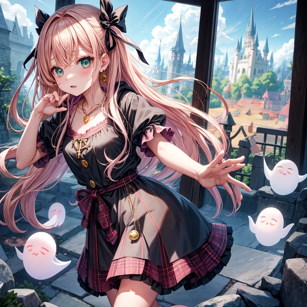 pink blonde、green eyes、one good looking girl、solo、anime、plaid mini skirt、the skirt has buttons、black camisole、black t-shirt、dress、wearing a ribbon、ribbon at waist、cloak、hood、clouds are swirling、stone slabs are piled up、one hand raised、crystal earrings、vegetable garden、monster castle、ceiling、golden key、jewelry necklace、Light and shadow、window、Hundreds of Ghosts at Night