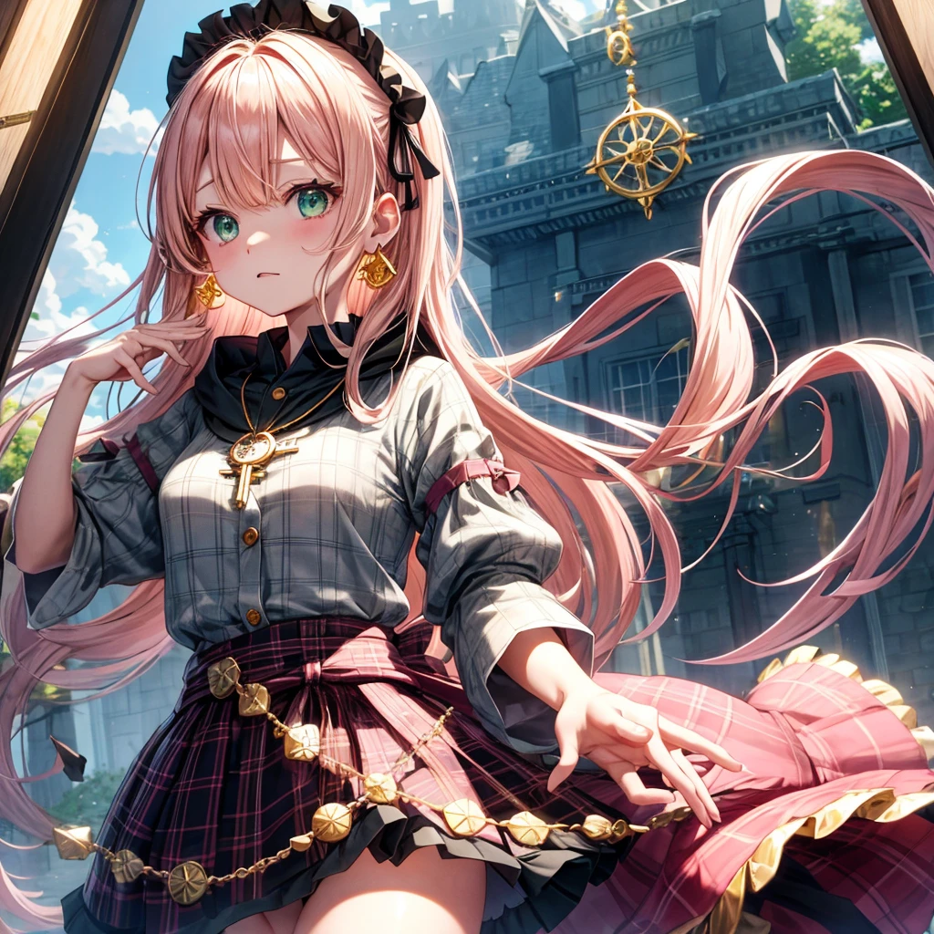 pink blonde、green eyes、one good looking girl、solo、anime、plaid mini skirt、the skirt has buttons、black camisole、black t-shirt、dress、wearing a ribbon、ribbon at waist、cloak、hood、clouds are swirling、stone slabs are piled up、one hand raised、crystal earrings、vegetable garden、monster castle、ceiling、golden key、jewelry necklace、Light and shadow、window、Hundreds of Ghosts at Night