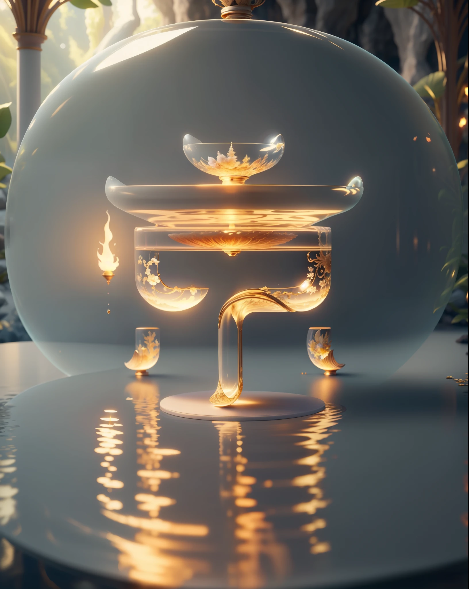 masterpiece，(（clean glass，shine：1.2，（transparent：1.3），luster)，best quality，（Pixar style：1.4），（in a cave，night，Surrounded by glowing plants，flowering，Flying fireflies，bonfire)（Super detailed，aesthetic，beautiful composition, Rich and vivid colors，Volumetric soft light)4K，reflection in water，Water ripples are inspired by Alice in Wonderland，magic，fairy tales.Unreal Engine，Rendered by Octane，cuteness render，3 rendering，Adobe Photoshop,Awesome beauty