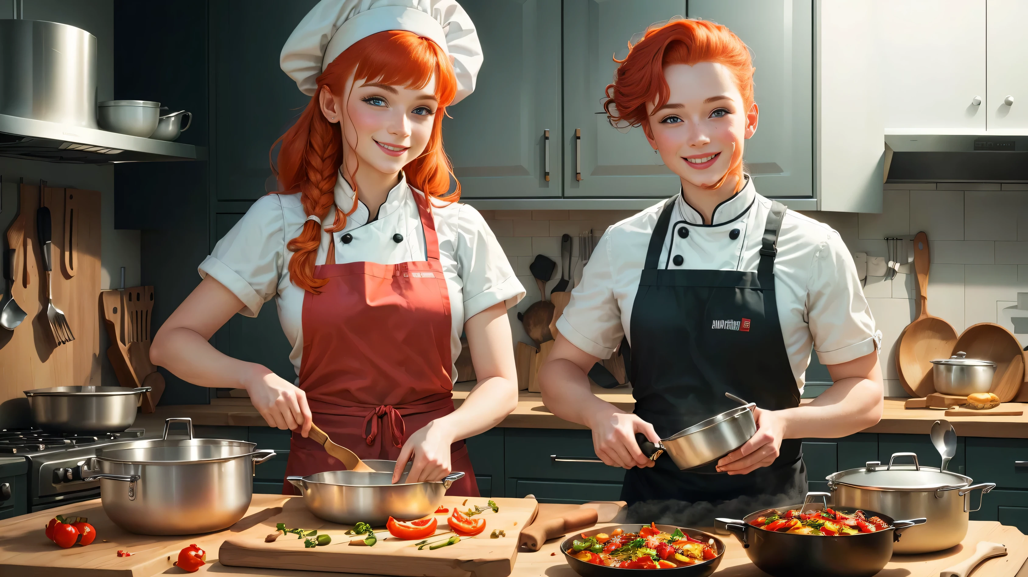 Banner for YouTube channel about cooking: A young red-haired culinary girl, on her shoulder a rat from the cartoon Ratatouille, in a chef's hat, with a pot, with a playful and cheerful look, 3D colorful characters
