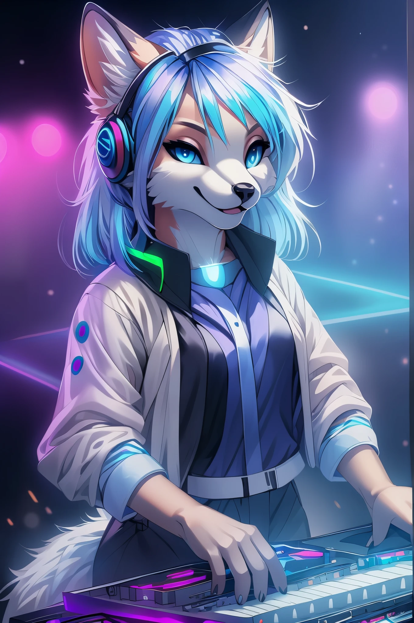 a cartoon fox dj playing music on a turntable, furry artist, fursona art, furry art, pov furry art, furry fursona, very very beautiful furry art, female fursona, dj sura, furry art!!!, furry digital art, art of silverfox, fursona furry art commission, furry fantasy art, fursona wearing stylish clothes, fursona, bare legs,digitigrade fox, sfw, hd, masterpiece, neon light, rave light, light from the floor, vivid skye blue eyes, metallic colors, headhpone set with mic, headphone cable, stable diffusion, isometric diffusion, rave party, high details, realistic digital painted, accurate contours, fox nose, fox mouth, ((5 fingers hands)), ((white fur anthro fox))((metallic blue eyelids))