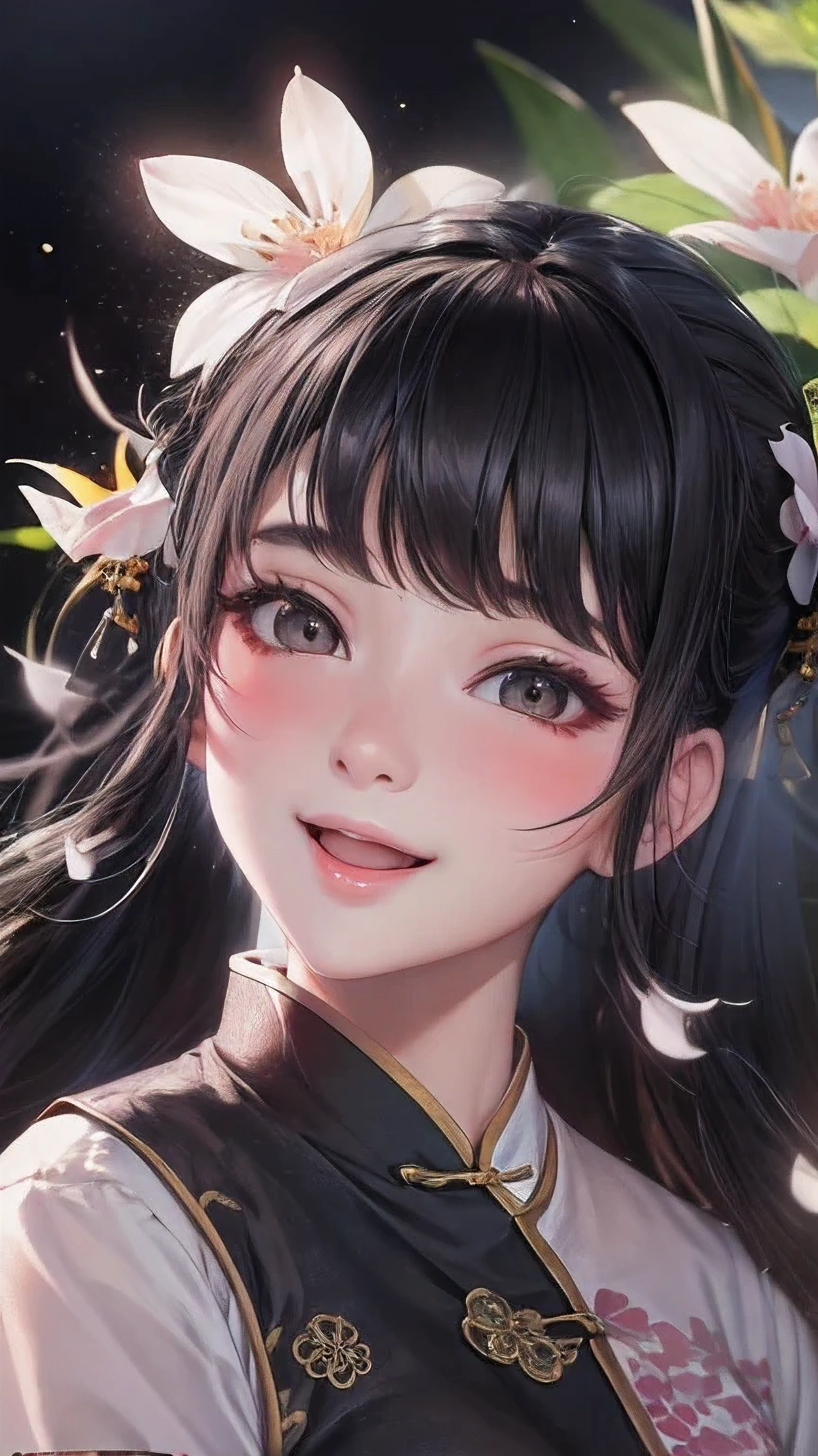 actual, 1 Chinese Fan Bingbing girl, black hair, big eyes, Smile,open mouth,glowing eyes, crop top, skirt, open lips, blush, night, flowers, sun, sunlight,