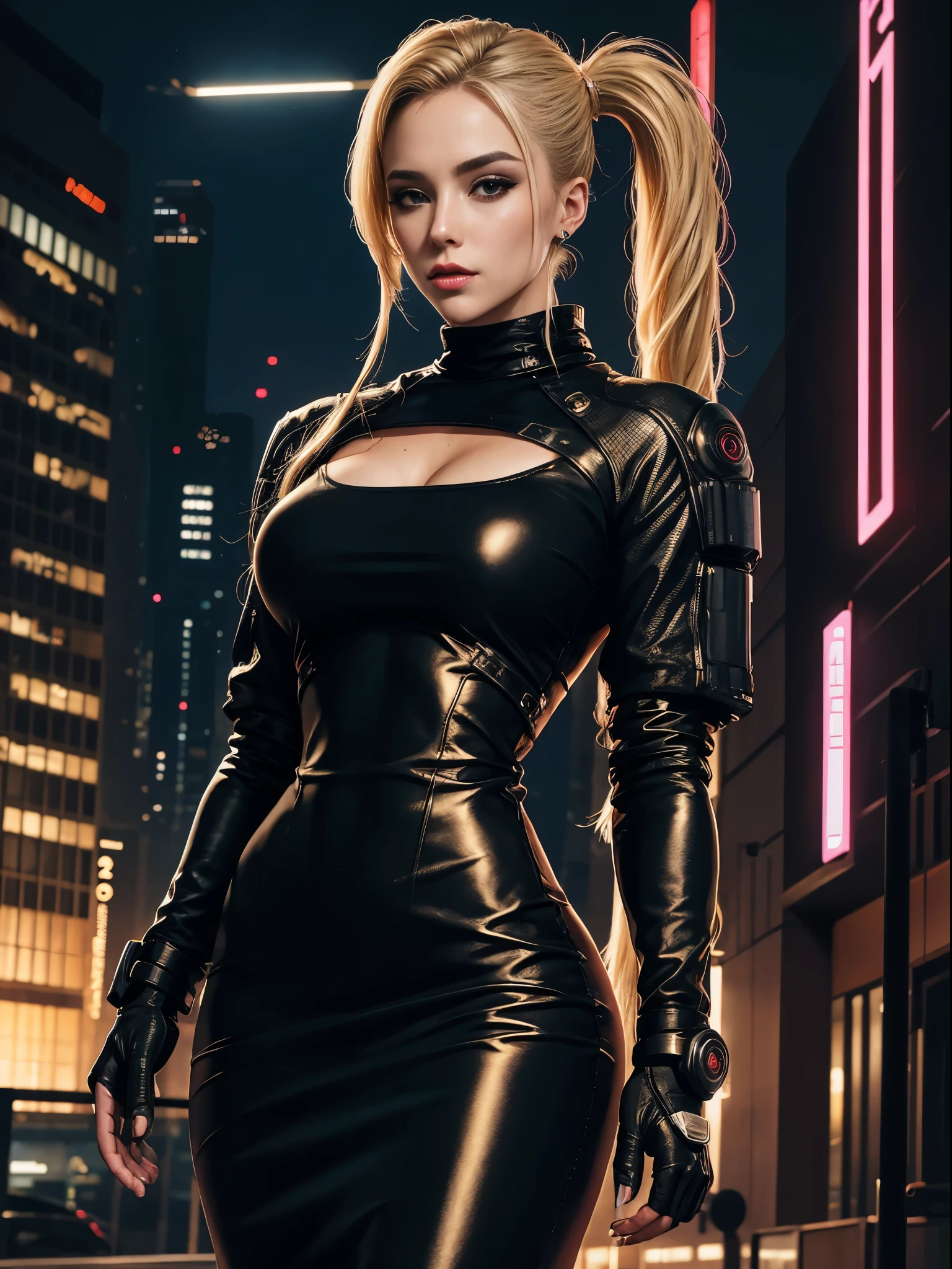 On the rooftop of a building in blade runner movie scene. At night, rainy night.
BREAK
an ultra hot gorgeous European woman, age 23, green eyes, blonde straight hair, her name is Elena Alfa. She wears (shiny black glitter jumpsuit, open on the side on the thigh). She’s kneeling, in action pose, leaning forward, looking for crime in the city below.
BREAK
Flying vehicles in the sky
BREAK
dslr, high quality, film grain, Fujifilm XT3,(masterpiece) (best quality) (detailed) (cinematic lighting) (sharp focus) (intricate) backlight, movie scene.
