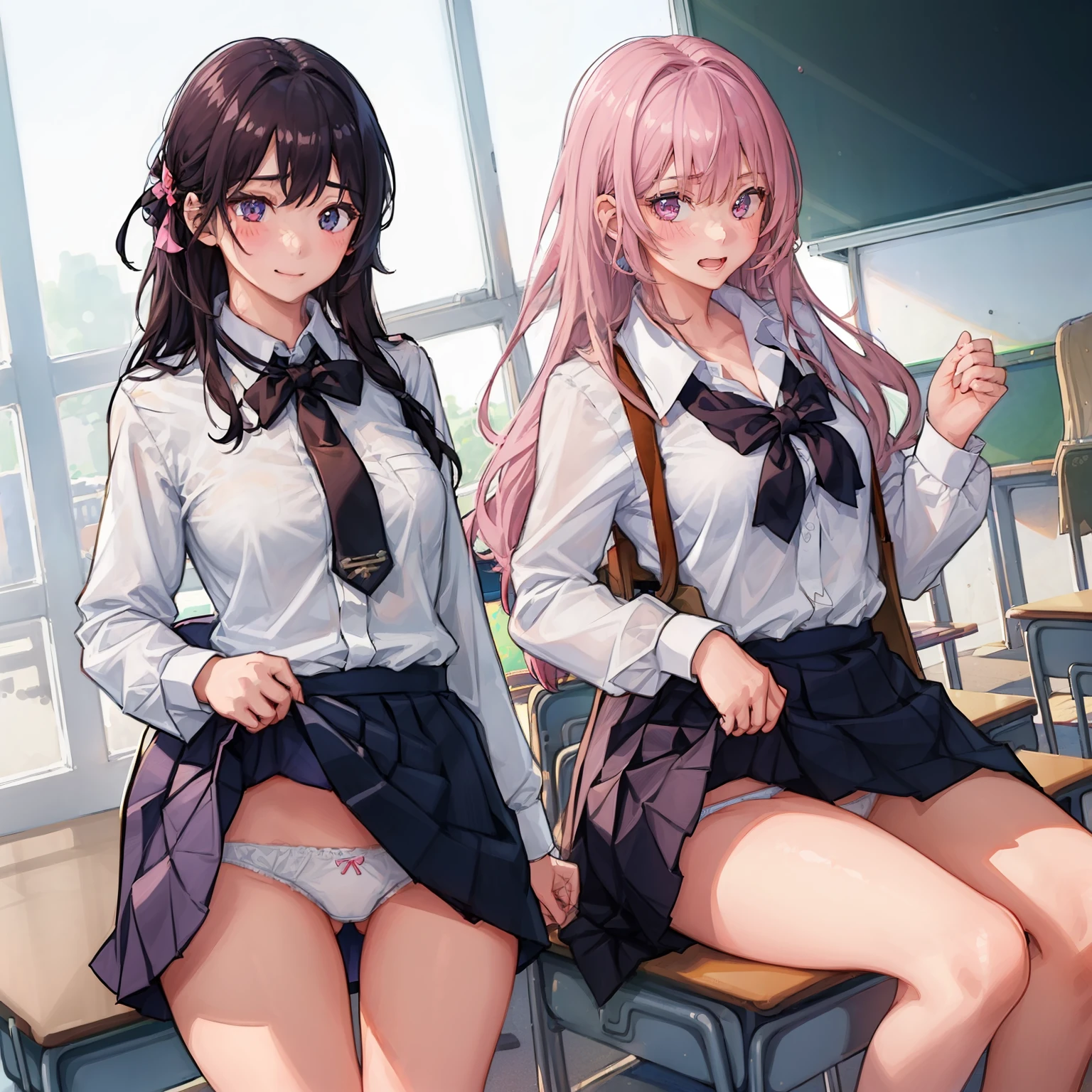 ((2 girls:1.5))、smile、blush、shirt、のskirt、、((fun!))(small breasts)、chiralism、black hair、()、(黒いskirt:1.3)、bow, button, 襟の付いたshirt, long sleeve, マイクロskirt, プリーツskirt、(Jacket)、 skirt, socks, thighs, 白い shirt, ((classroom:1.5)),(skirtを掴む:1.5)、 (perfect hands, perfect anatomy),cowboy shot、(skirt lift:1.3),(highly detailed white panties:1.3)、(highly detailed panties:1.3)、、(skirt that rolls up:1.3)、(fully exposed panties:1.5)、