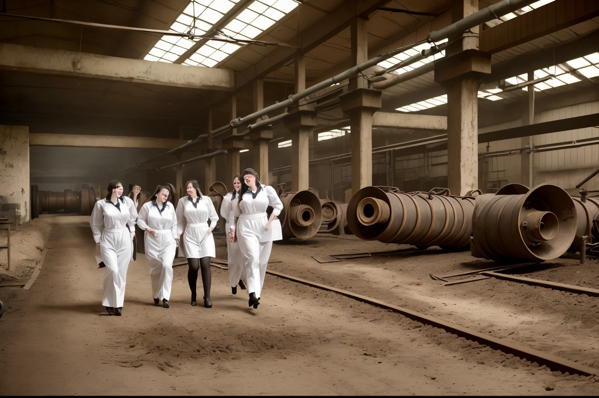 beautuful girls in work-clothes going along the factory with large pipes and laughing, modern style, Super HD, higly detaliesed faces, today,