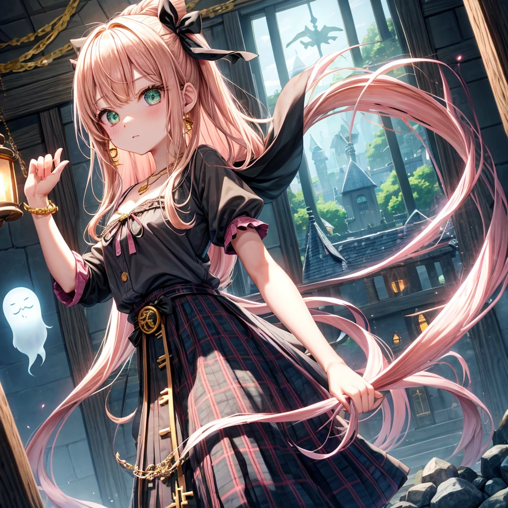 pink blonde、green eyes、one good looking girl、solo、anime、plaid mini skirt、the skirt has buttons、black camisole、black t-shirt、dress、wearing a ribbon、ribbon at waist、cloak、hood、clouds are swirling、stone slabs are piled up、one hand raised、crystal earrings、vegetable garden、monster castle、ceiling、golden key、jewelry necklace、Light and shadow、window、Hundreds of Ghosts at Night