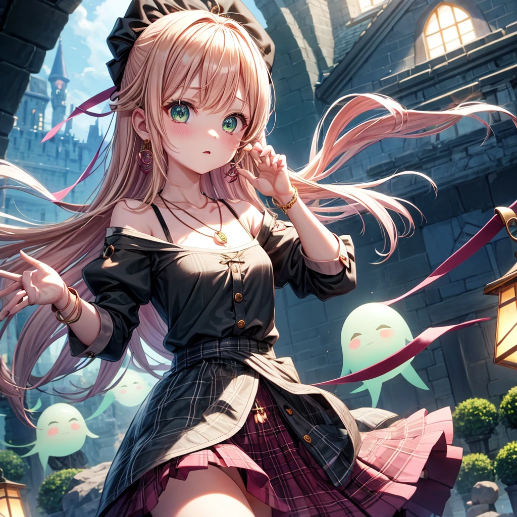 pink blonde、green eyes、one good looking girl、solo、anime、plaid mini skirt、the skirt has buttons、black camisole、black t-shirt、dress、wearing a ribbon、ribbon at waist、cloak、hood、clouds are swirling、stone slabs are piled up、one hand raised、crystal earrings、vegetable garden、monster castle、ceiling、golden key、jewelry necklace、Light and shadow、window、Hundreds of Ghosts at Night
