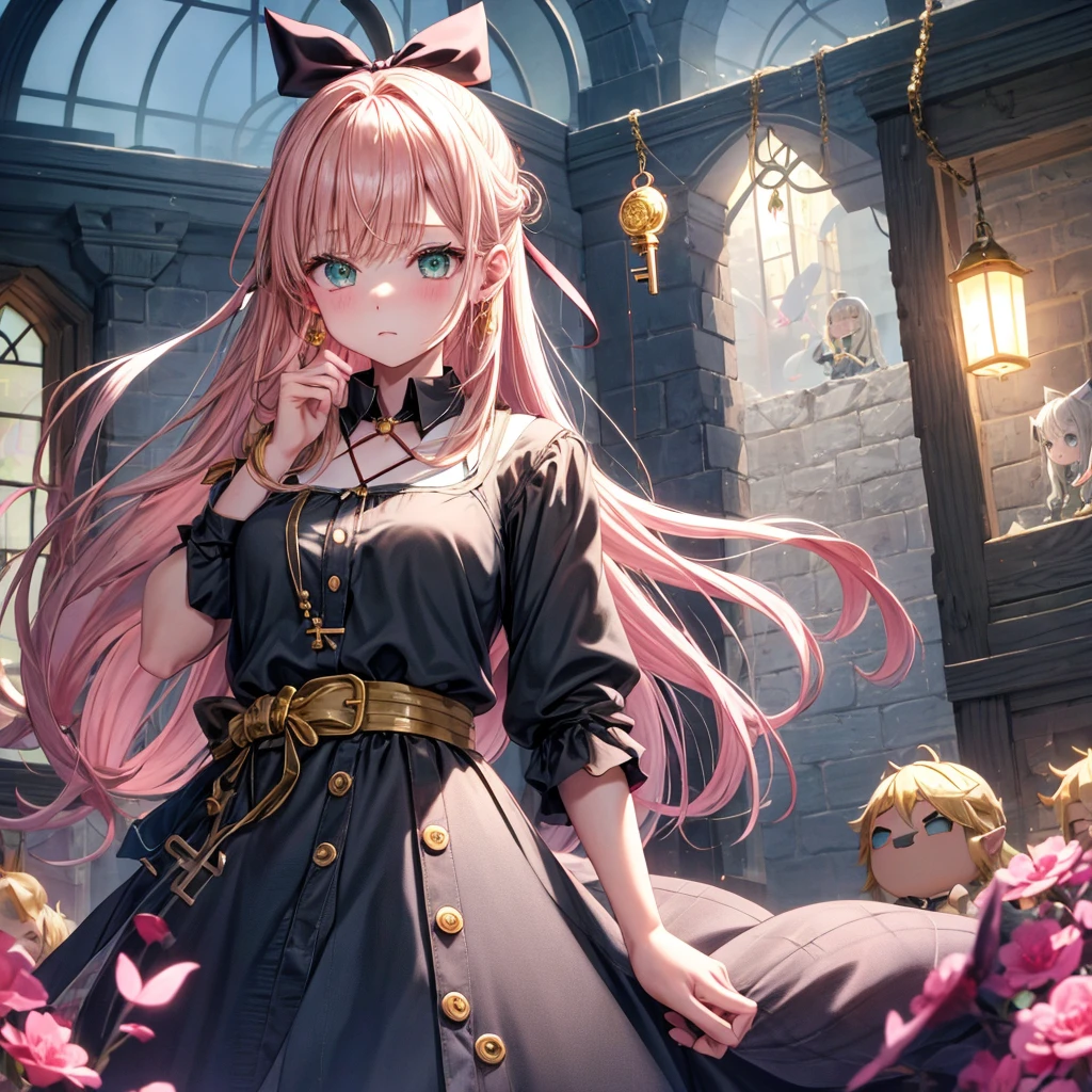 pink blonde、green eyes、one good looking girl、solo、anime、plaid mini skirt、the skirt has buttons、black camisole、black t-shirt、dress、wearing a ribbon、ribbon at waist、cloak、hood、clouds are swirling、stone slabs are piled up、one hand raised、crystal earrings、vegetable garden、monster castle、ceiling、golden key、jewelry necklace、Light and shadow、window、Hundreds of Ghosts at Night