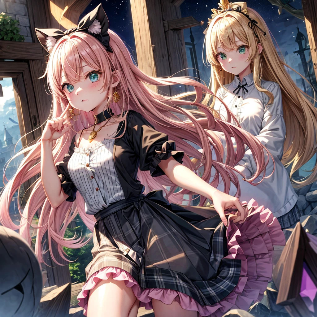 pink blonde、green eyes、one good looking girl、solo、anime、plaid mini skirt、the skirt has buttons、black camisole、black t-shirt、dress、wearing a ribbon、ribbon at waist、cloak、hood、clouds are swirling、stone slabs are piled up、one hand raised、crystal earrings、vegetable garden、monster castle、ceiling、golden key、jewelry necklace、Light and shadow、window、Hundreds of Ghosts at Night