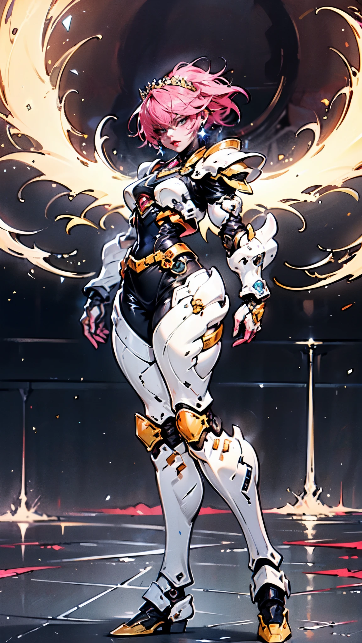 A woman adorned in fantasy-style full-body armor, a crown-concept fully enclosed helmet that unveils only her eyes, a composite layered chest plate, fully encompassing shoulder and hand guards, a lightweight waist armor, form-fitting shin guards, the overall design is heavy-duty yet flexible, ((the armor gleams with a golden glow, complemented by red and blue accents)), exhibiting a noble aura, she floats above a fantasy-surreal high-tech city, this character embodies a finely crafted fantasy-surreal style armored hero in anime style, exquisite and mature manga art style, (Queen bee mixed with Spider concept Armor, plasma, blood), ((Element, energy, elegant, goddess, femminine:1.5)), metallic, high definition, best quality, highres, ultra-detailed, ultra-fine painting, extremely delicate, professional, anatomically correct, symmetrical face, extremely detailed eyes and face, high quality eyes, creativity, RAW photo, UHD, 32k, Natural light, cinematic lighting, masterpiece-anatomy-perfect, masterpiece:1.5