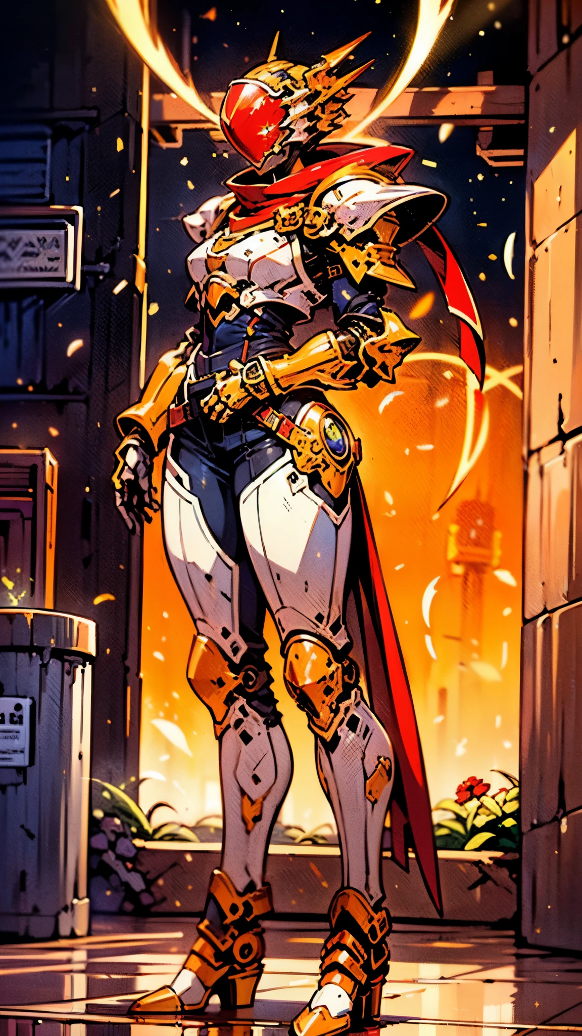 A woman adorned in fantasy-style full-body armor, a crown-concept fully enclosed helmet that unveils only her eyes, a composite layered chest plate, fully encompassing shoulder and hand guards, a lightweight waist armor, form-fitting shin guards, the overall design is heavy-duty yet flexible, ((the armor gleams with a golden glow, complemented by red and blue accents)), exhibiting a noble aura, she floats above a fantasy-surreal high-tech city, this character embodies a finely crafted fantasy-surreal style armored hero in anime style, exquisite and mature manga art style, (Queen bee mixed with Spider concept Armor, plasma, blood), ((Element, energy, elegant, goddess, femminine:1.5)), metallic, high definition, best quality, highres, ultra-detailed, ultra-fine painting, extremely delicate, professional, anatomically correct, symmetrical face, extremely detailed eyes and face, high quality eyes, creativity, RAW photo, UHD, 32k, Natural light, cinematic lighting, masterpiece-anatomy-perfect, masterpiece:1.5