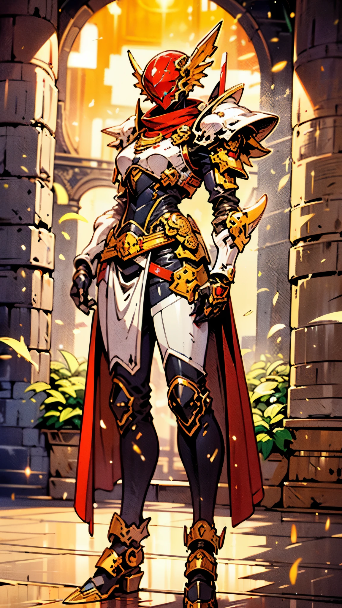 A woman adorned in fantasy-style full-body armor, a crown-concept fully enclosed helmet that unveils only her eyes, a composite layered chest plate, fully encompassing shoulder and hand guards, a lightweight waist armor, form-fitting shin guards, the overall design is heavy-duty yet flexible, ((the armor gleams with a golden glow, complemented by red and blue accents)), exhibiting a noble aura, she floats above a fantasy-surreal high-tech city, this character embodies a finely crafted fantasy-surreal style armored hero in anime style, exquisite and mature manga art style, (Queen bee mixed with Spider concept Armor, plasma, blood), ((Element, energy, elegant, goddess, femminine:1.5)), metallic, high definition, best quality, highres, ultra-detailed, ultra-fine painting, extremely delicate, professional, anatomically correct, symmetrical face, extremely detailed eyes and face, high quality eyes, creativity, RAW photo, UHD, 32k, Natural light, cinematic lighting, masterpiece-anatomy-perfect, masterpiece:1.5