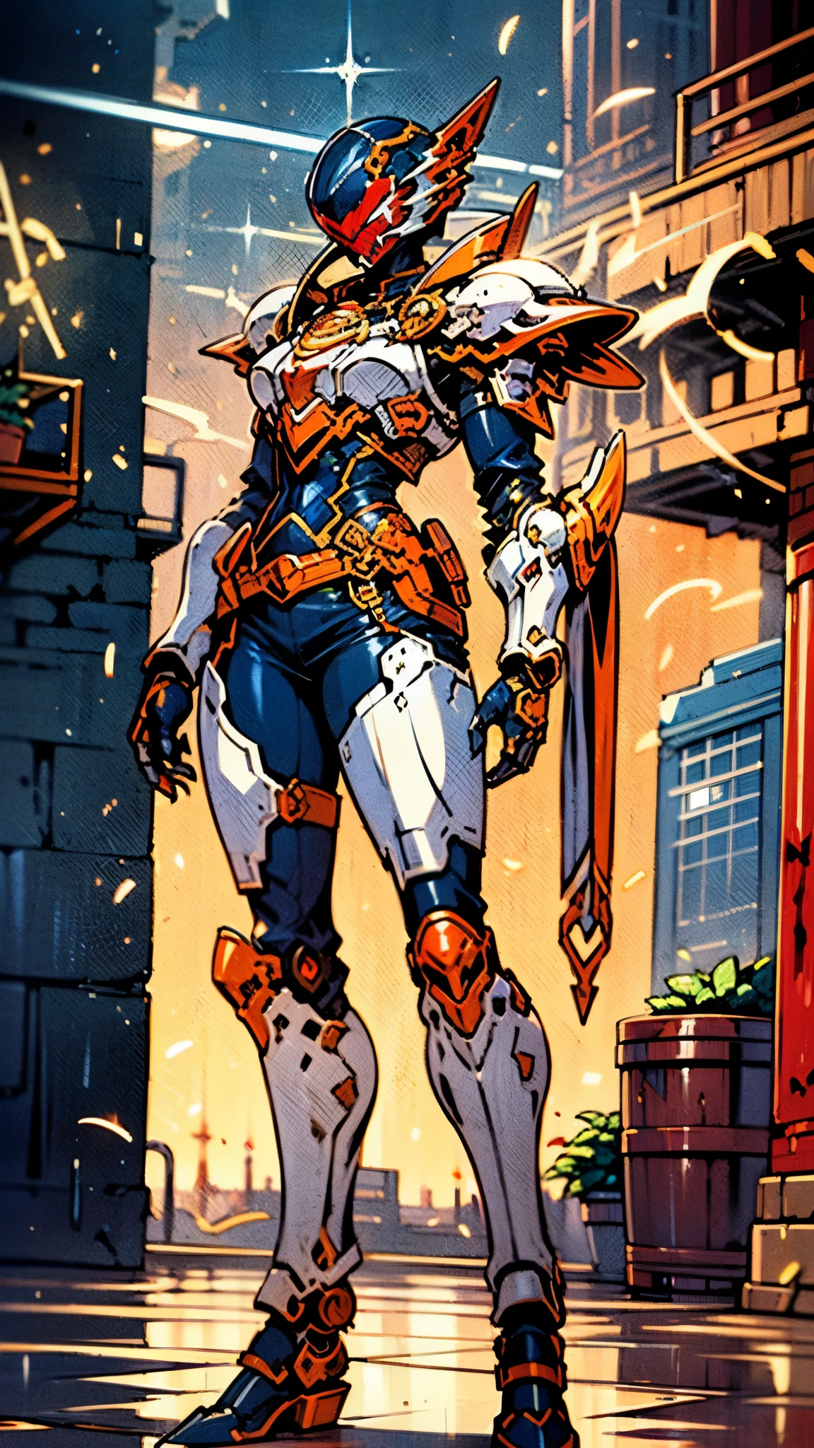 A woman adorned in fantasy-style full-body armor, a crown-concept fully enclosed helmet that unveils only her eyes, a composite layered chest plate, fully encompassing shoulder and hand guards, a lightweight waist armor, form-fitting shin guards, the overall design is heavy-duty yet flexible, ((the armor gleams with a golden glow, complemented by red and blue accents)), exhibiting a noble aura, she floats above a fantasy-surreal high-tech city, this character embodies a finely crafted fantasy-surreal style armored hero in anime style, exquisite and mature manga art style, (Queen bee mixed with Spider concept Armor, plasma, blood), ((Element, energy, elegant, goddess, femminine:1.5)), metallic, high definition, best quality, highres, ultra-detailed, ultra-fine painting, extremely delicate, professional, anatomically correct, symmetrical face, extremely detailed eyes and face, high quality eyes, creativity, RAW photo, UHD, 32k, Natural light, cinematic lighting, masterpiece-anatomy-perfect, masterpiece:1.5