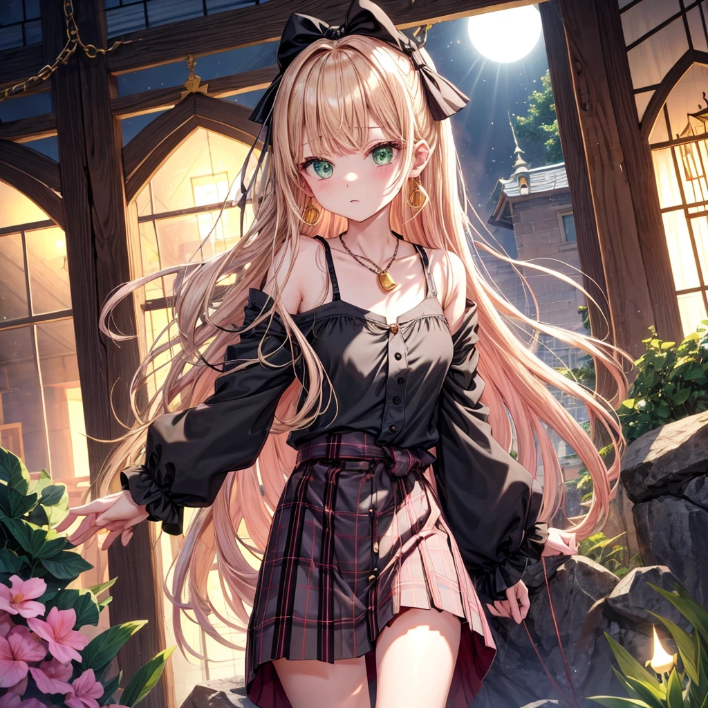 pink blonde、green eyes、one good looking girl、solo、anime、plaid mini skirt、the skirt has buttons、black camisole、black t-shirt、dress、wearing a ribbon、ribbon at waist、cloak、hood、clouds are swirling、stone slabs are piled up、one hand raised、crystal earrings、vegetable garden、monster castle、ceiling、golden key、jewelry necklace、Light and shadow、window、Hundreds of Ghosts at Night