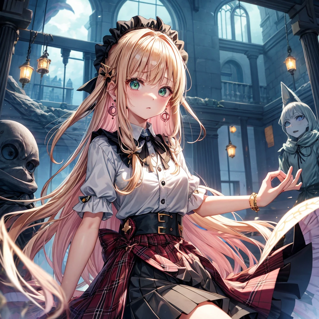 pink blonde、green eyes、one good looking girl、solo、anime、plaid mini skirt、the skirt has buttons、black camisole、black t-shirt、dress、wearing a ribbon、ribbon at waist、cloak、hood、clouds are swirling、stone slabs are piled up、one hand raised、crystal earrings、vegetable garden、monster castle、ceiling、golden key、jewelry necklace、Light and shadow、window、Hundreds of Ghosts at Night