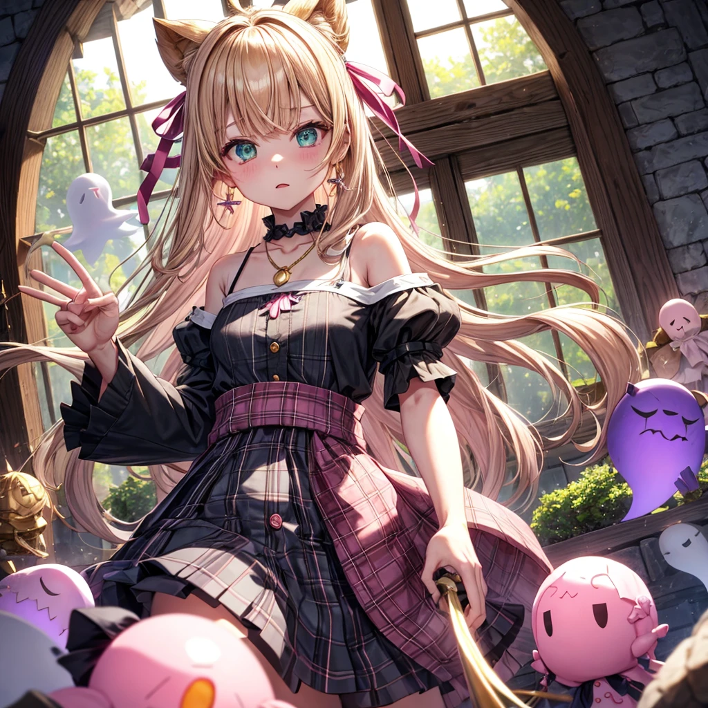 pink blonde、green eyes、one good looking girl、solo、anime、plaid mini skirt、the skirt has buttons、black camisole、black t-shirt、dress、wearing a ribbon、ribbon at waist、cloak、hood、clouds are swirling、stone slabs are piled up、one hand raised、crystal earrings、vegetable garden、monster castle、ceiling、golden key、jewelry necklace、Light and shadow、window、Hundreds of Ghosts at Night