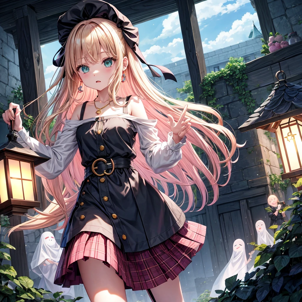 pink blonde、green eyes、one good looking girl、solo、anime、plaid mini skirt、the skirt has buttons、black camisole、black t-shirt、dress、wearing a ribbon、ribbon at waist、cloak、hood、clouds are swirling、stone slabs are piled up、one hand raised、crystal earrings、vegetable garden、monster castle、ceiling、golden key、jewelry necklace、Light and shadow、window、Hundreds of Ghosts at Night