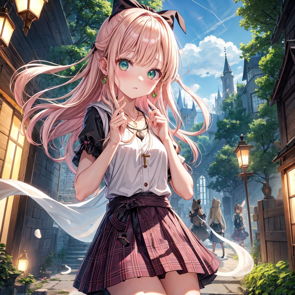 pink blonde、green eyes、one good looking girl、solo、anime、plaid mini skirt、the skirt has ons、black camisole、black t-shirt、dress、wearing a ribbon、ribbon at waist、cloak、hood、clouds are swirling、stone slabs are piled up、one hand raised、crystal earrings、vegetable garden、monster castle、ceiling、golden key、jewelry necklace、Light and shadow、window、Hundreds of Ghosts at Night