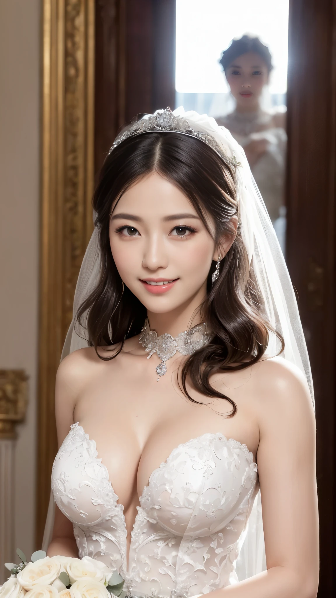 ((top quality, 8K, masterpiece:1.3)), (focus control:1.2), (Perfect Body Beauty:1.4), ((delicate hair)), (Highly detailed face and skin texture), fair eyes, double eyelid, (shiny skin:1.5), small face, huge breasts, 20 years old, (White layered hair), (smile, beautiful teeth), (gorgeous wedding dresses:1.4), (Fantastic palace:1.5), (Hide your hands under your clothes), Korean beauty,