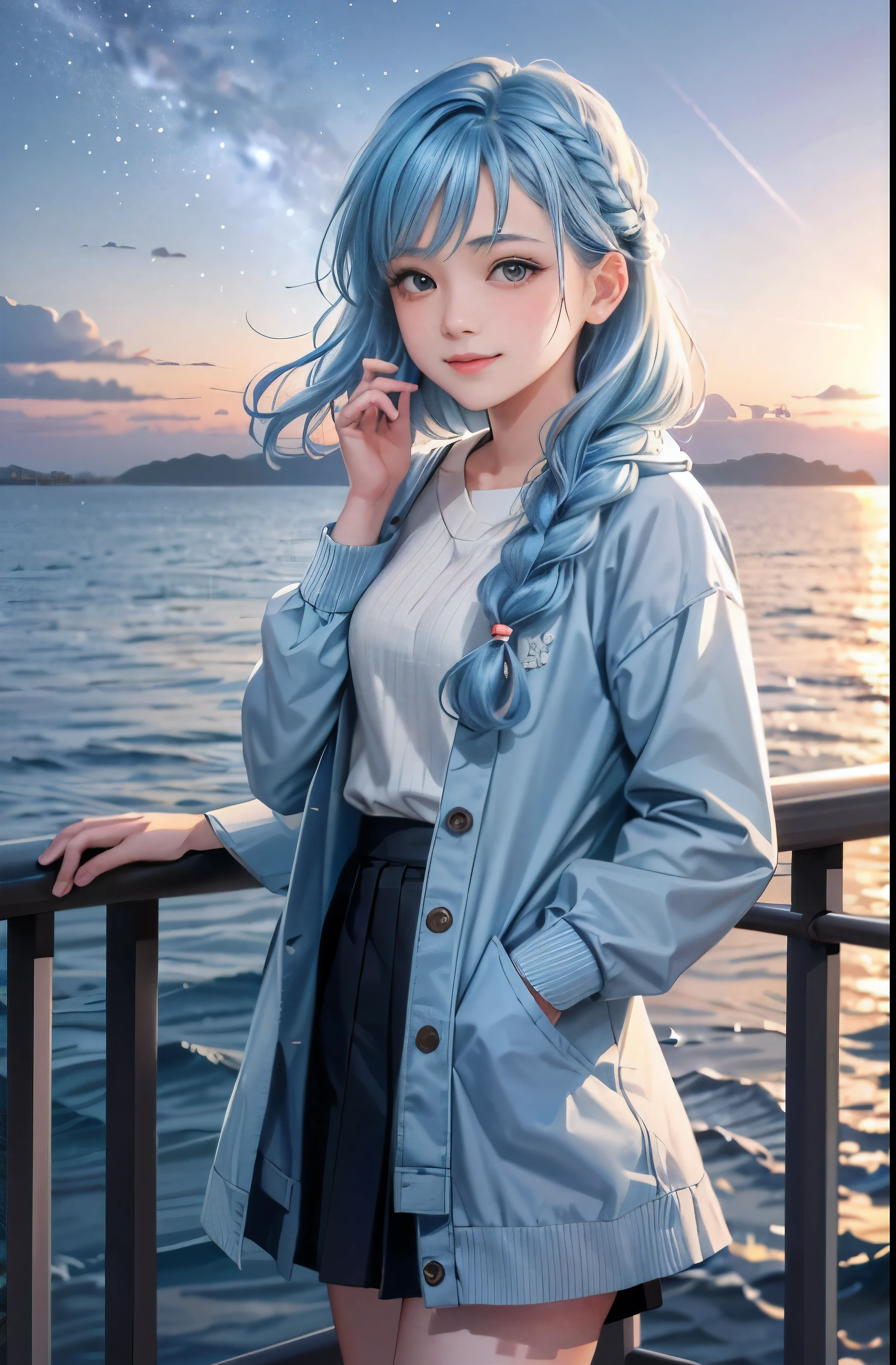(Facial Focus), (1 Girl, Female, Woman, Solo, Pale Skin, Casual Fashion, Kawaii), (Long Hair, Single Braided Hair, Light Blue Hair, Cute Face, Light Smile), (By the Sea), Milky Way, Sunset,