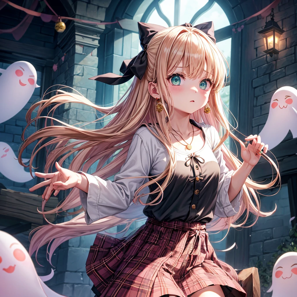 pink blonde、green eyes、one good looking girl、solo、anime、plaid mini skirt、the skirt has buttons、black camisole、black t-shirt、dress、wearing a ribbon、ribbon at waist、cloak、hood、clouds are swirling、stone slabs are piled up、one hand raised、crystal earrings、vegetable garden、monster castle、ceiling、golden key、jewelry necklace、Light and shadow、window、Hundreds of Ghosts at Night