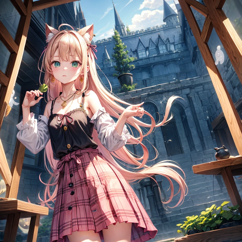 pink blonde、green eyes、one good looking girl、solo、anime、plaid mini skirt、the skirt has buttons、black camisole、black t-shirt、dress、wearing a ribbon、ribbon at waist、cloak、hood、clouds are swirling、stone slabs are piled up、one hand raised、crystal earrings、vegetable garden、monster castle、ceiling、golden key、jewelry necklace、Light and shadow、window、Hundreds of Ghosts at Night