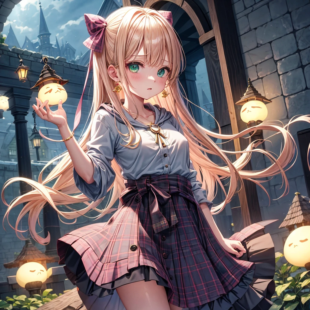 pink blonde、green eyes、one good looking girl、solo、anime、plaid mini skirt、the skirt has buttons、black camisole、black t-shirt、dress、wearing a ribbon、ribbon at waist、cloak、hood、clouds are swirling、stone slabs are piled up、one hand raised、crystal earrings、vegetable garden、monster castle、ceiling、golden key、jewelry necklace、Light and shadow、window、Hundreds of Ghosts at Night