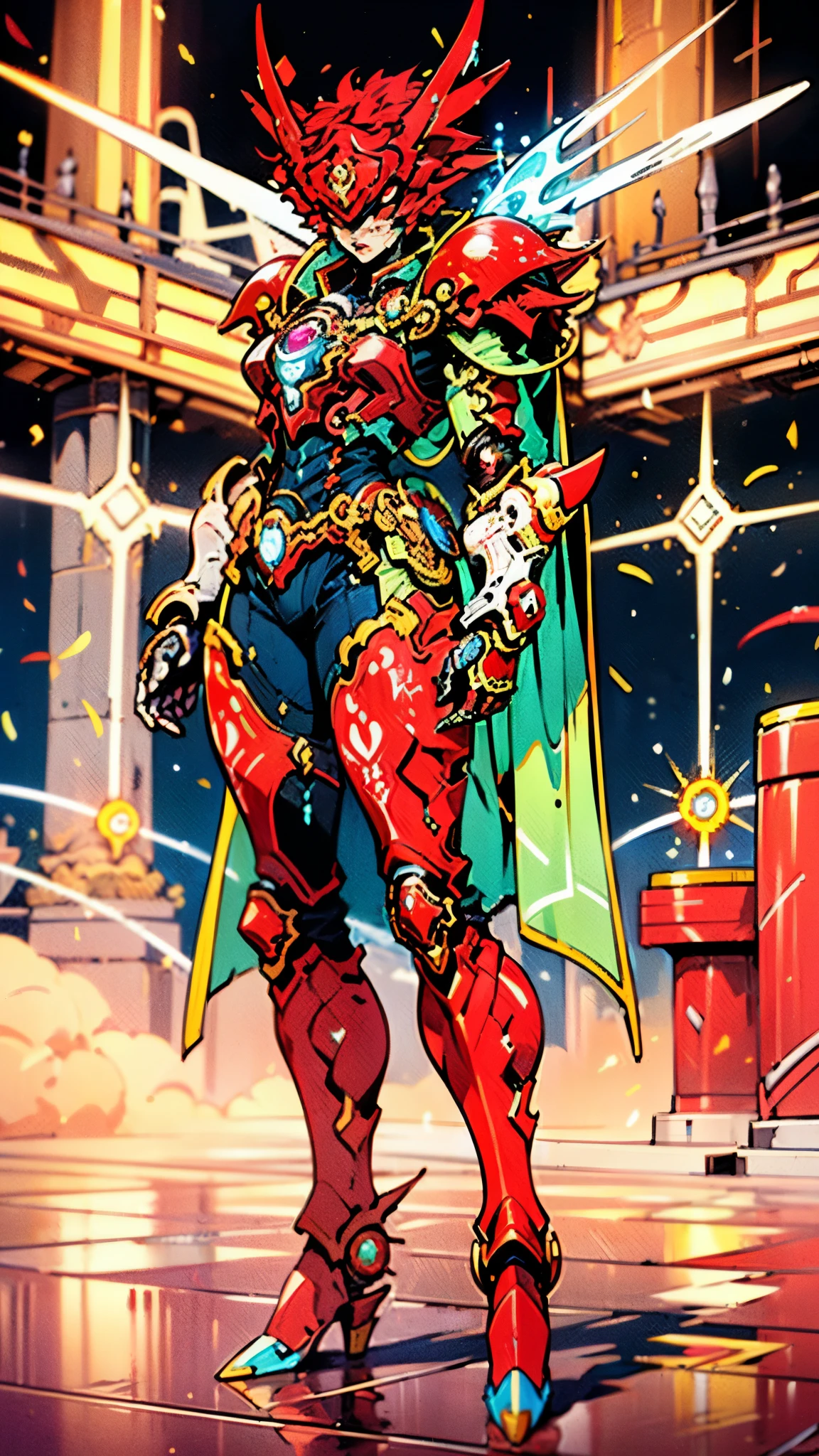 A woman adorned in fantasy-style full-body armor, a crown-concept fully enclosed helmet that unveils only her eyes, a composite layered chest plate, fully encompassing shoulder and hand guards, a lightweight waist armor, form-fitting shin guards, the overall design is heavy-duty yet flexible, ((the armor gleams with a golden glow, complemented by red and blue accents)), exhibiting a noble aura, she floats above a fantasy-surreal high-tech city, this character embodies a finely crafted fantasy-surreal style armored hero in anime style, exquisite and mature manga art style, (Queen bee mixed with Spider concept Armor, plasma, blood), ((Element, energy, elegant, goddess, femminine:1.5)), metallic, high definition, best quality, highres, ultra-detailed, ultra-fine painting, extremely delicate, professional, anatomically correct, symmetrical face, extremely detailed eyes and face, high quality eyes, creativity, RAW photo, UHD, 32k, Natural light, cinematic lighting, masterpiece-anatomy-perfect, masterpiece:1.5