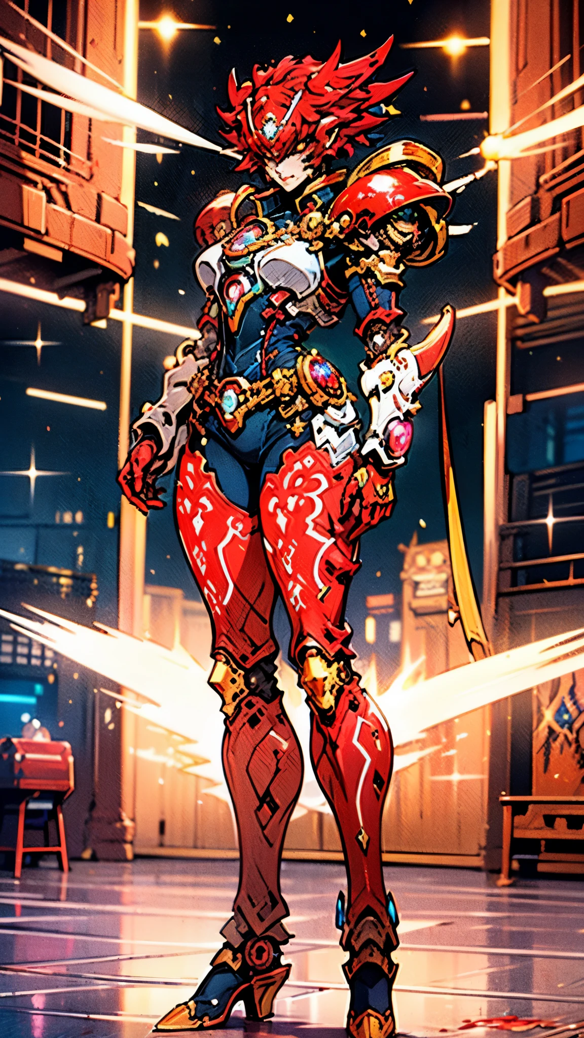 A woman adorned in fantasy-style full-body armor, a crown-concept fully enclosed helmet that unveils only her eyes, a composite layered chest plate, fully encompassing shoulder and hand guards, a lightweight waist armor, form-fitting shin guards, the overall design is heavy-duty yet flexible, ((the armor gleams with a golden glow, complemented by red and blue accents)), exhibiting a noble aura, she floats above a fantasy-surreal high-tech city, this character embodies a finely crafted fantasy-surreal style armored hero in anime style, exquisite and mature manga art style, (Queen bee mixed with Spider concept Armor, plasma, blood), ((Element, energy, elegant, goddess, femminine:1.5)), metallic, high definition, best quality, highres, ultra-detailed, ultra-fine painting, extremely delicate, professional, anatomically correct, symmetrical face, extremely detailed eyes and face, high quality eyes, creativity, RAW photo, UHD, 32k, Natural light, cinematic lighting, masterpiece-anatomy-perfect, masterpiece:1.5