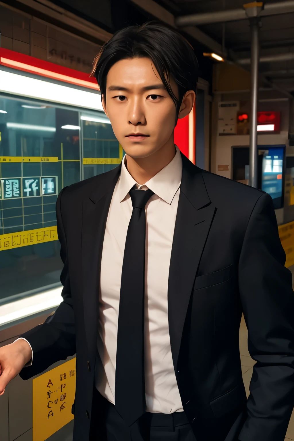 a man in a dark suit stands at Toki station