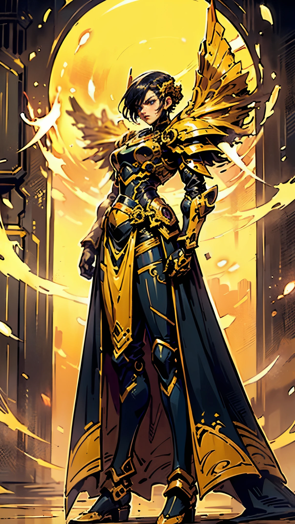 A woman adorned in fantasy-style full-body armor, a crown-concept fully enclosed helmet that unveils only her eyes, a composite layered chest plate, fully encompassing shoulder and hand guards, a lightweight waist armor, form-fitting shin guards, the overall design is heavy-duty yet flexible, ((the armor gleams with a golden glow, complemented by red and blue accents)), exhibiting a noble aura, she floats above a fantasy-surreal high-tech city, this character embodies a finely crafted fantasy-surreal style armored hero in anime style, exquisite and mature manga art style, (Queen bee mixed with Spider concept Armor, plasma, blood), ((Element, energy, elegant, goddess, femminine:1.5)), metallic, high definition, best quality, highres, ultra-detailed, ultra-fine painting, extremely delicate, professional, anatomically correct, symmetrical face, extremely detailed eyes and face, high quality eyes, creativity, RAW photo, UHD, 32k, Natural light, cinematic lighting, masterpiece-anatomy-perfect, masterpiece:1.5