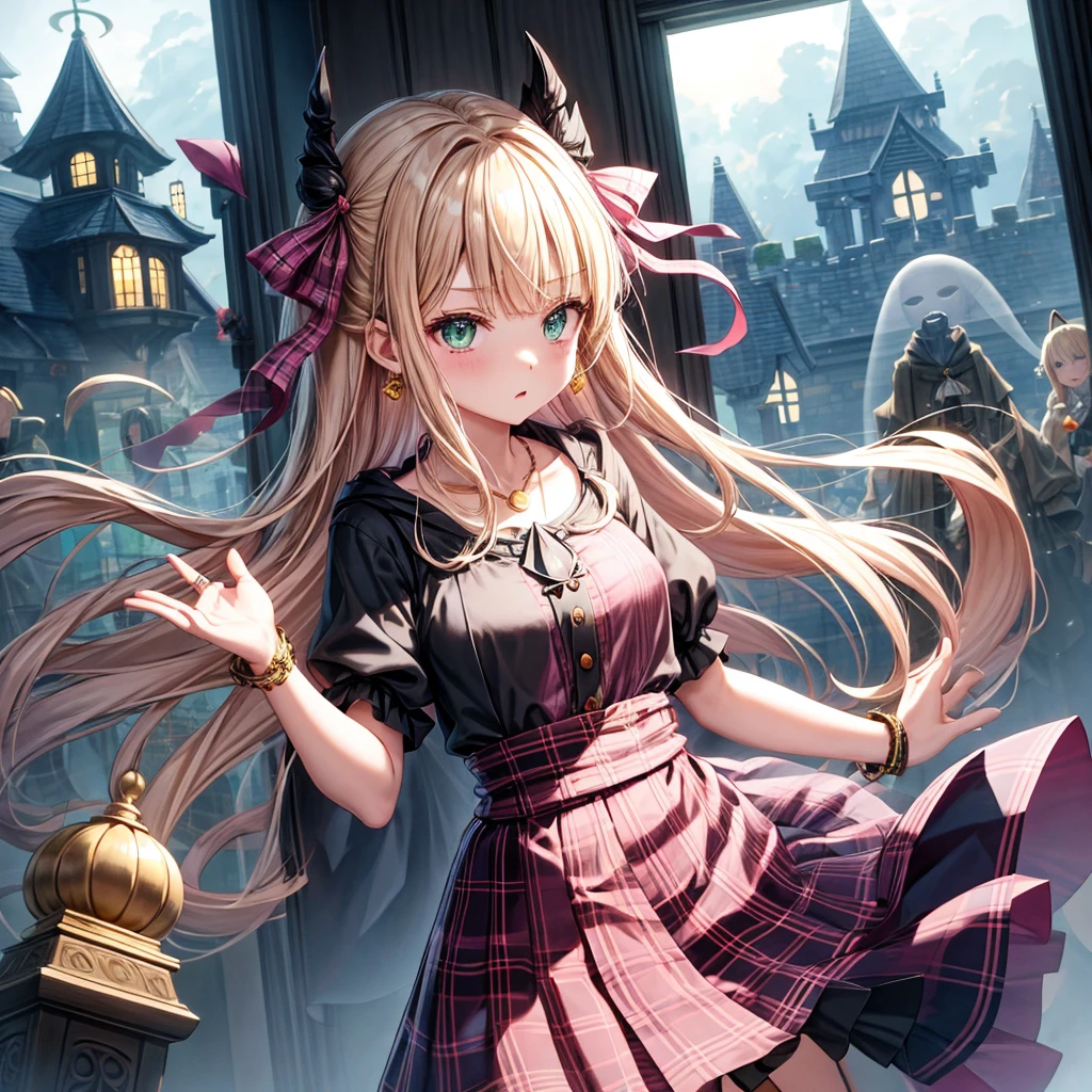 pink blonde、green eyes、one good looking girl、solo、anime、plaid mini skirt、the skirt has buttons、black camisole、black t-shirt、dress、wearing a ribbon、ribbon at waist、cloak、hood、clouds are swirling、stone slabs are piled up、one hand raised、crystal earrings、vegetable garden、monster castle、ceiling、golden key、jewelry necklace、Light and shadow、window、Hundreds of Ghosts at Night