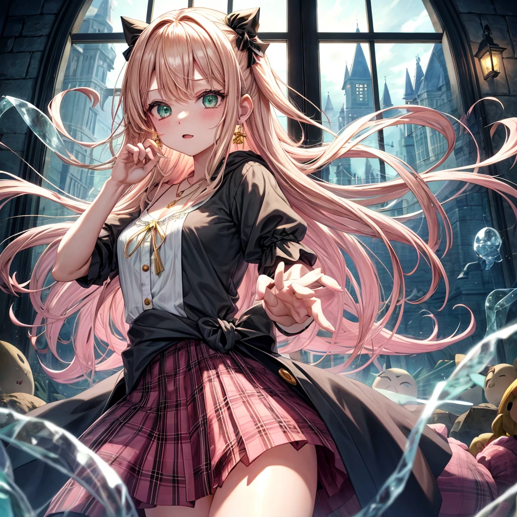 pink blonde、green eyes、one good looking girl、solo、anime、plaid mini skirt、the skirt has buttons、black camisole、black t-shirt、dress、wearing a ribbon、ribbon at waist、cloak、hood、clouds are swirling、stone slabs are piled up、one hand raised、crystal earrings、vegetable garden、monster castle、ceiling、golden key、jewelry necklace、Light and shadow、window、Hundreds of Ghosts at Night